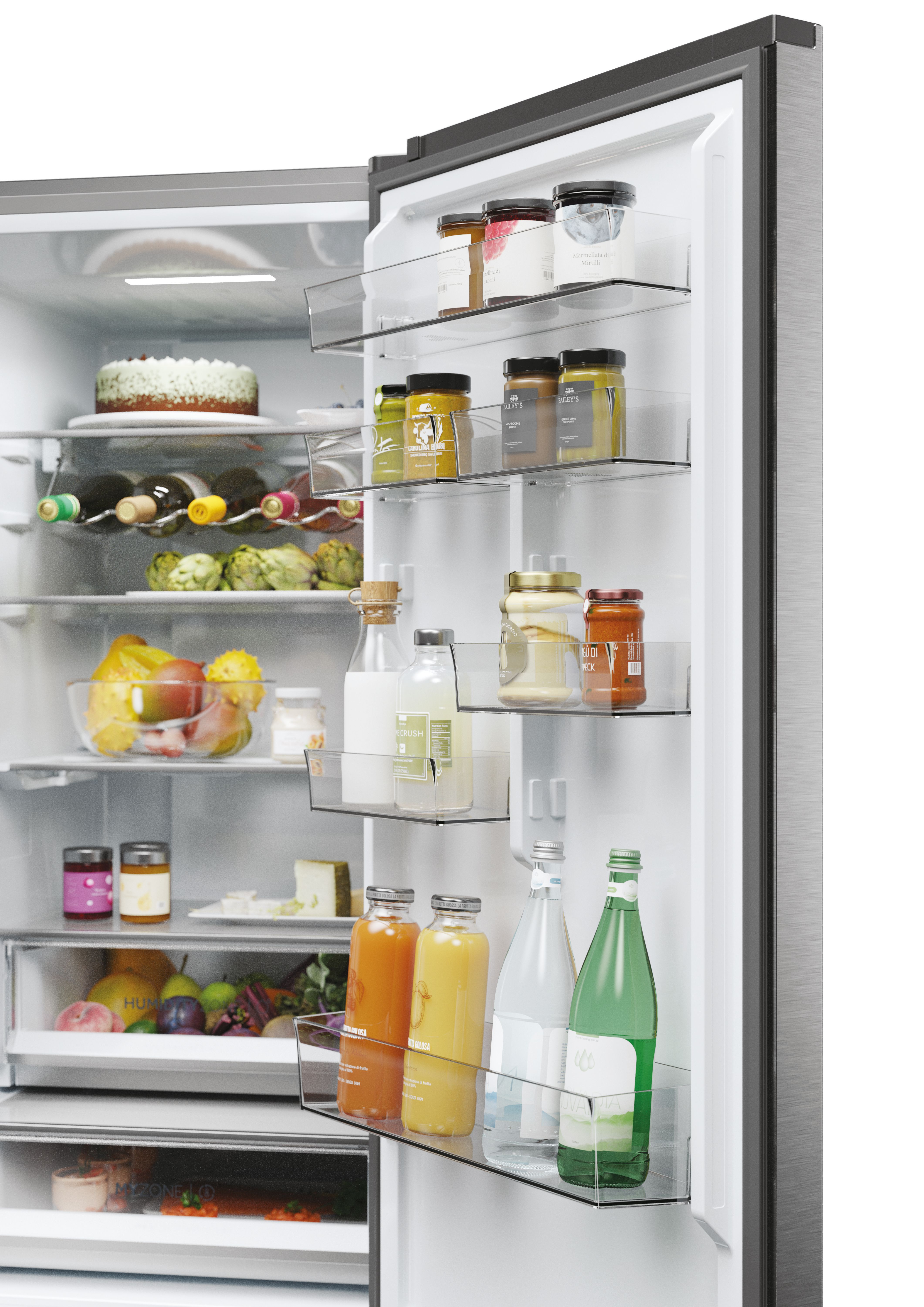 Un refrigerador con estantes llenos de alimentos, incluyendo frascos, botellas y productos frescos.