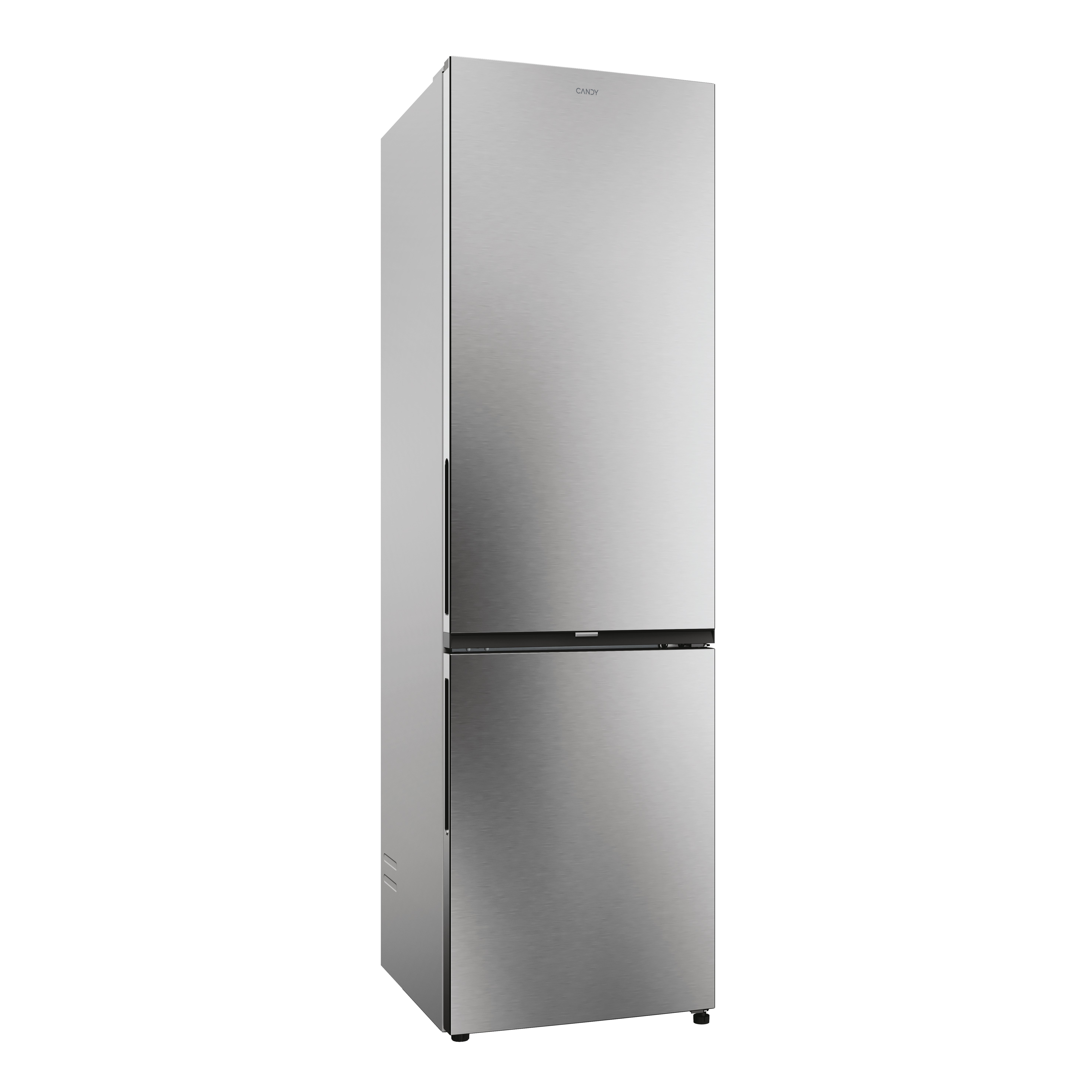 Se muestra un refrigerador plateado de la marca Candy, con un congelador en la parte inferior.