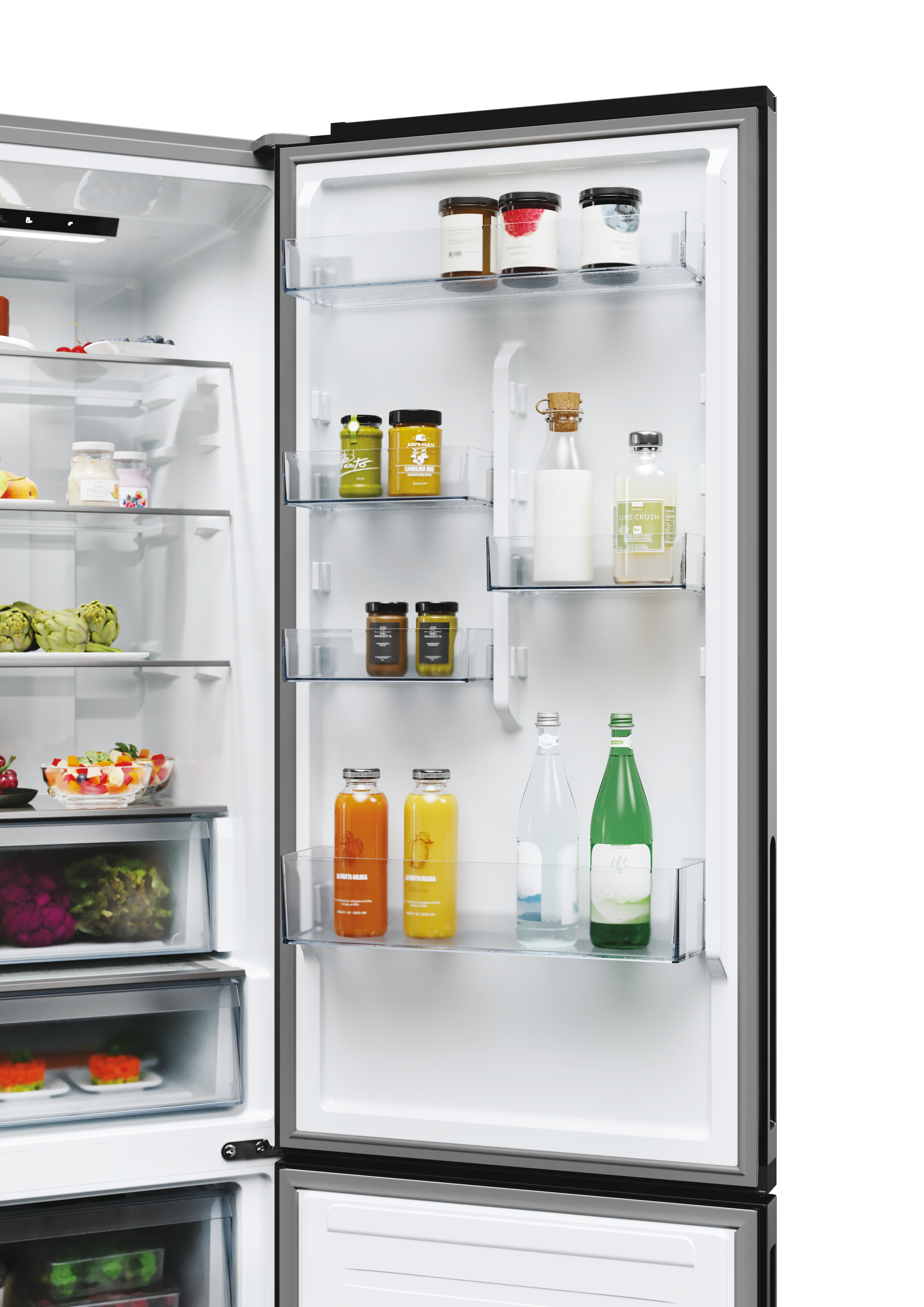 Refrigerador abierto que muestra estantes con frascos, botellas y cajones con verduras y frutas.