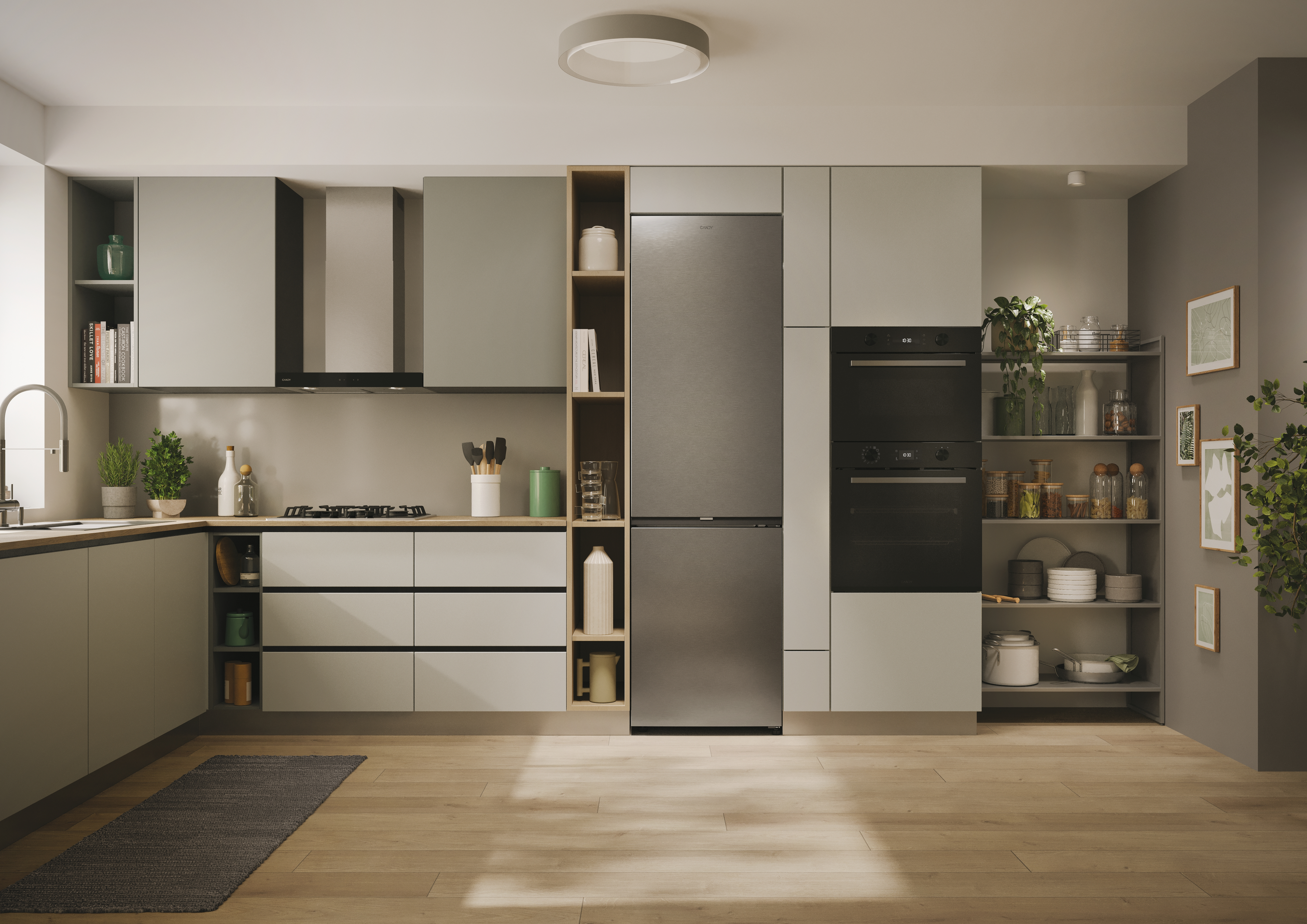 Una cocina moderna con gabinetes grises, electrodomésticos de acero inoxidable y estantes de madera.