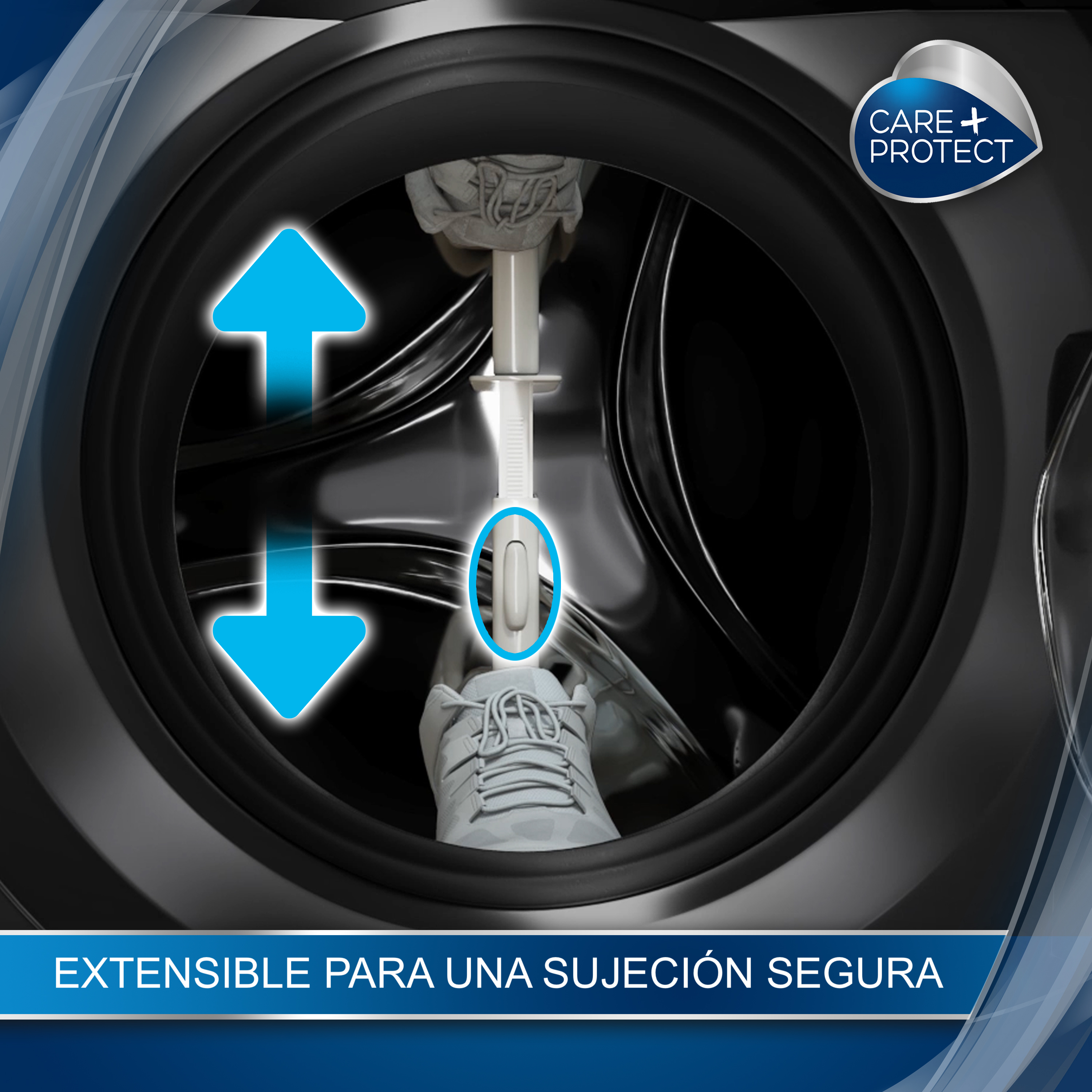 Interior de tambor de lavadora con un zapato y una herramienta blanca, flechas indican movimiento hacia arriba.