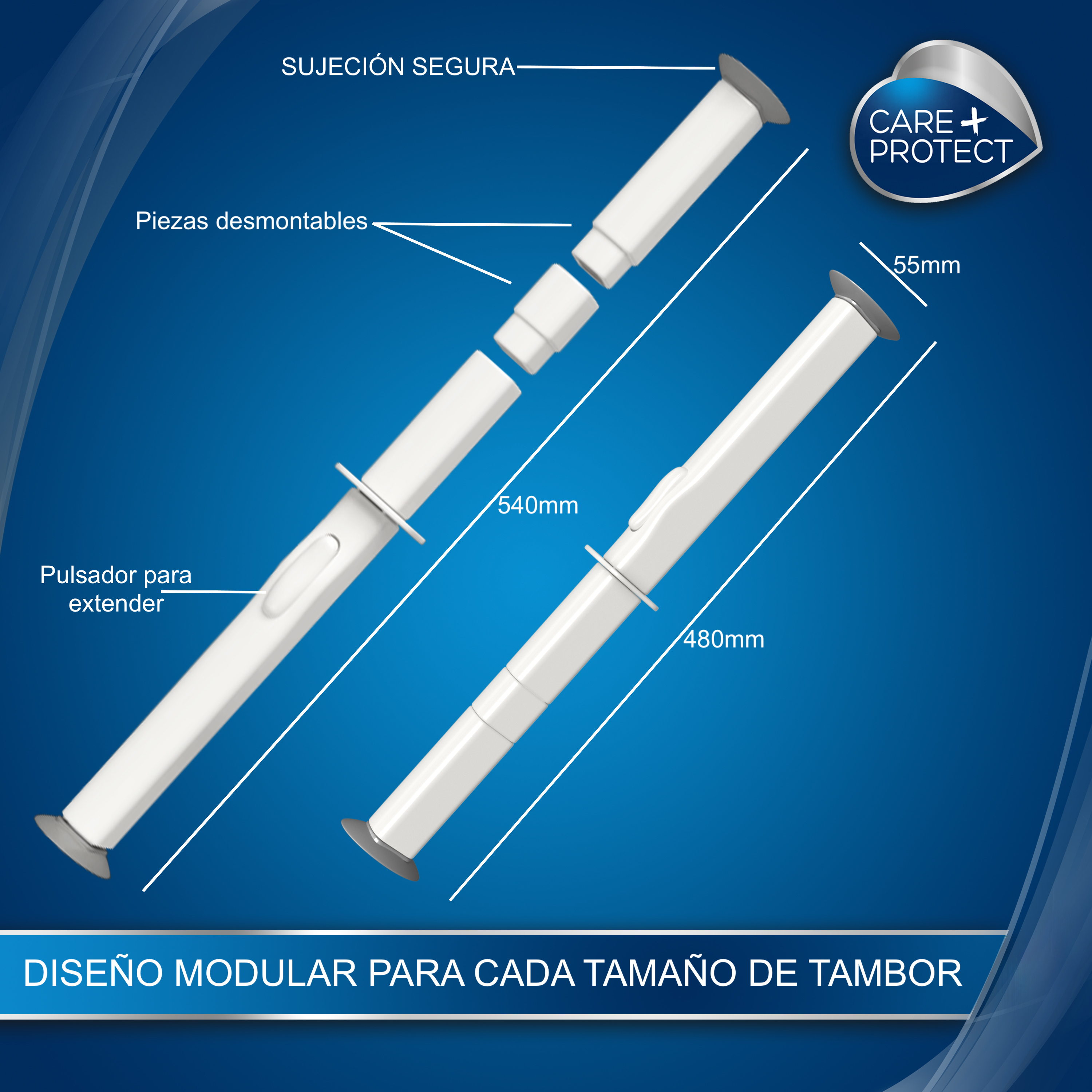 Dispositivo médico con etiquetas. Partes cilíndricas blancas, fondo azul y líneas de dimensión.