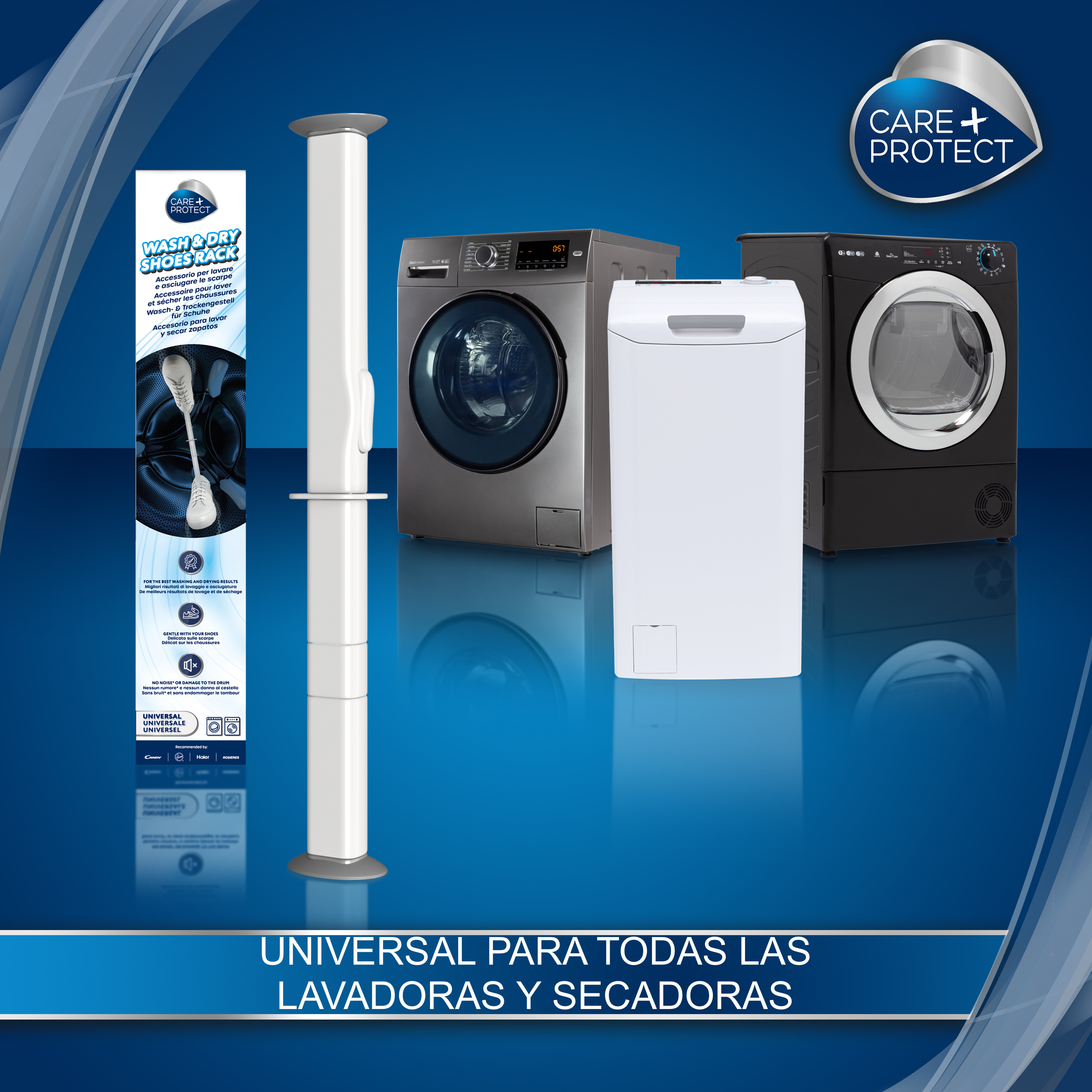 Accesorios de lavandería y lavadoras. Texto: Universal para todas las lavadoras y secadoras.