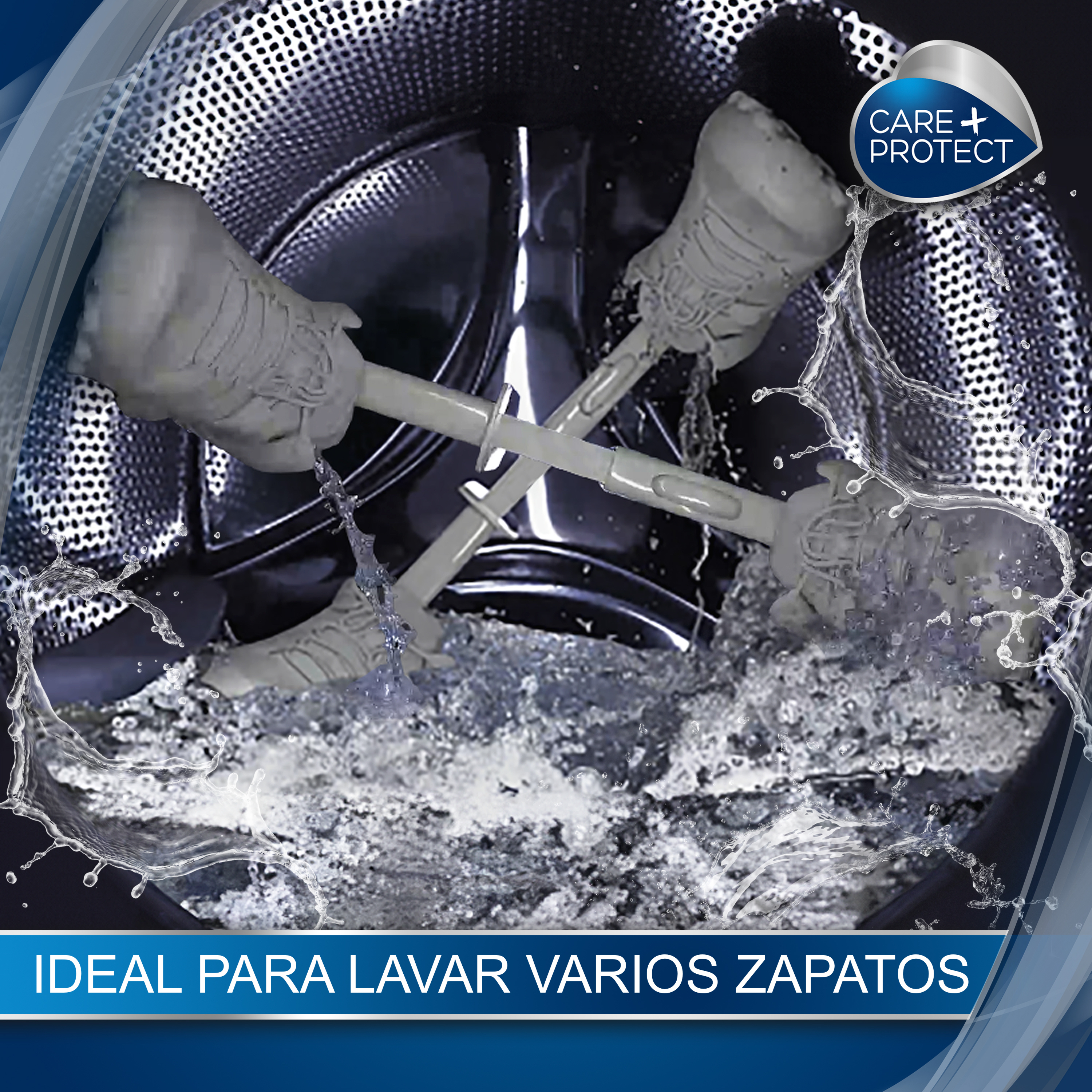 Zapatos siendo limpiados en una lavadora con salpicaduras de agua. El texto dice: Ideal para lavar zapatos.