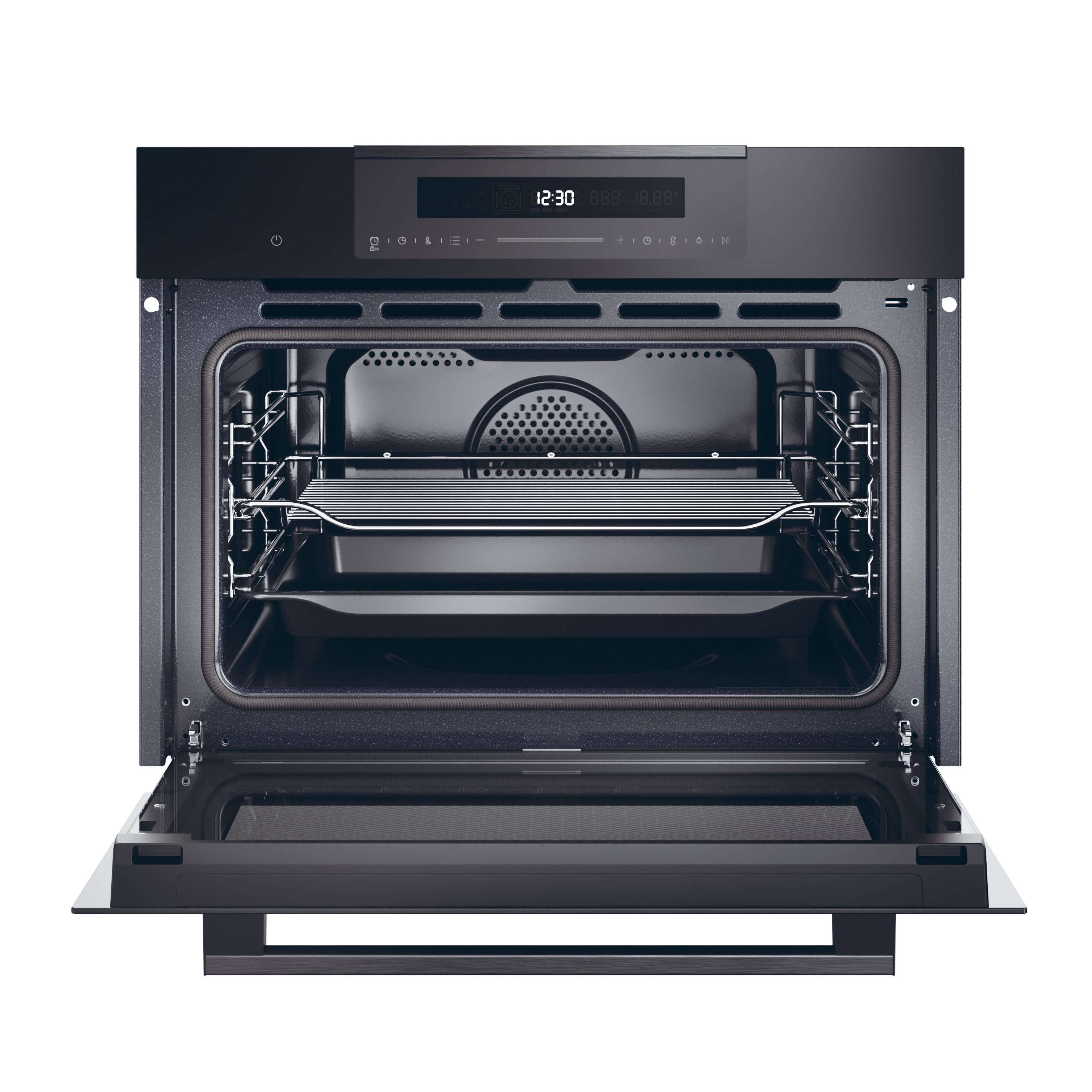 Un horno negro abierto con una rejilla y una bandeja dentro. El reloj digital muestra 12:30.
