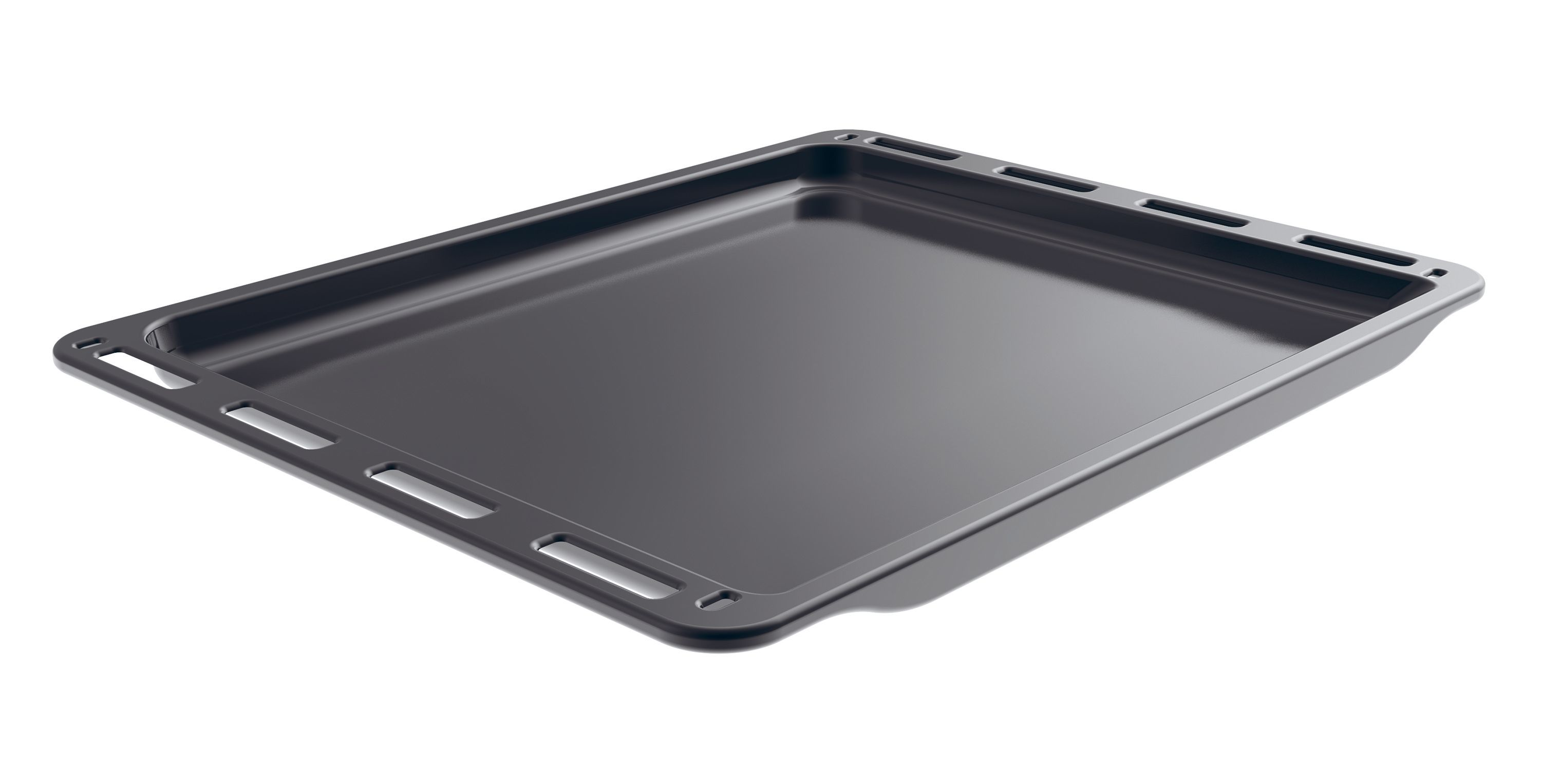 Una bandeja de horno negra sobre un fondo blanco. La bandeja es rectangular con esquinas redondeadas.