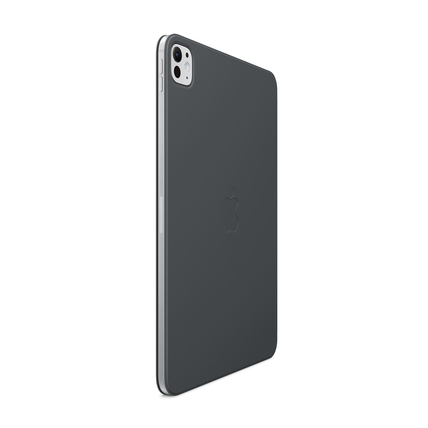 Custodia iPad grigio scuro con copertura aperta, schermo visibile, sfondo bianco.