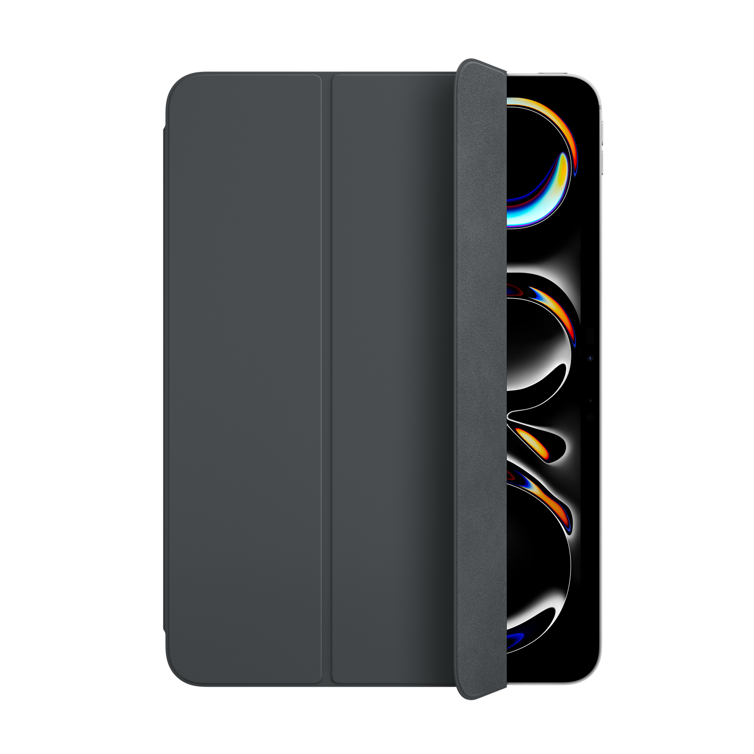iPad nero su supporto, schermo rivolto verso l'alto, sfondo bianco.