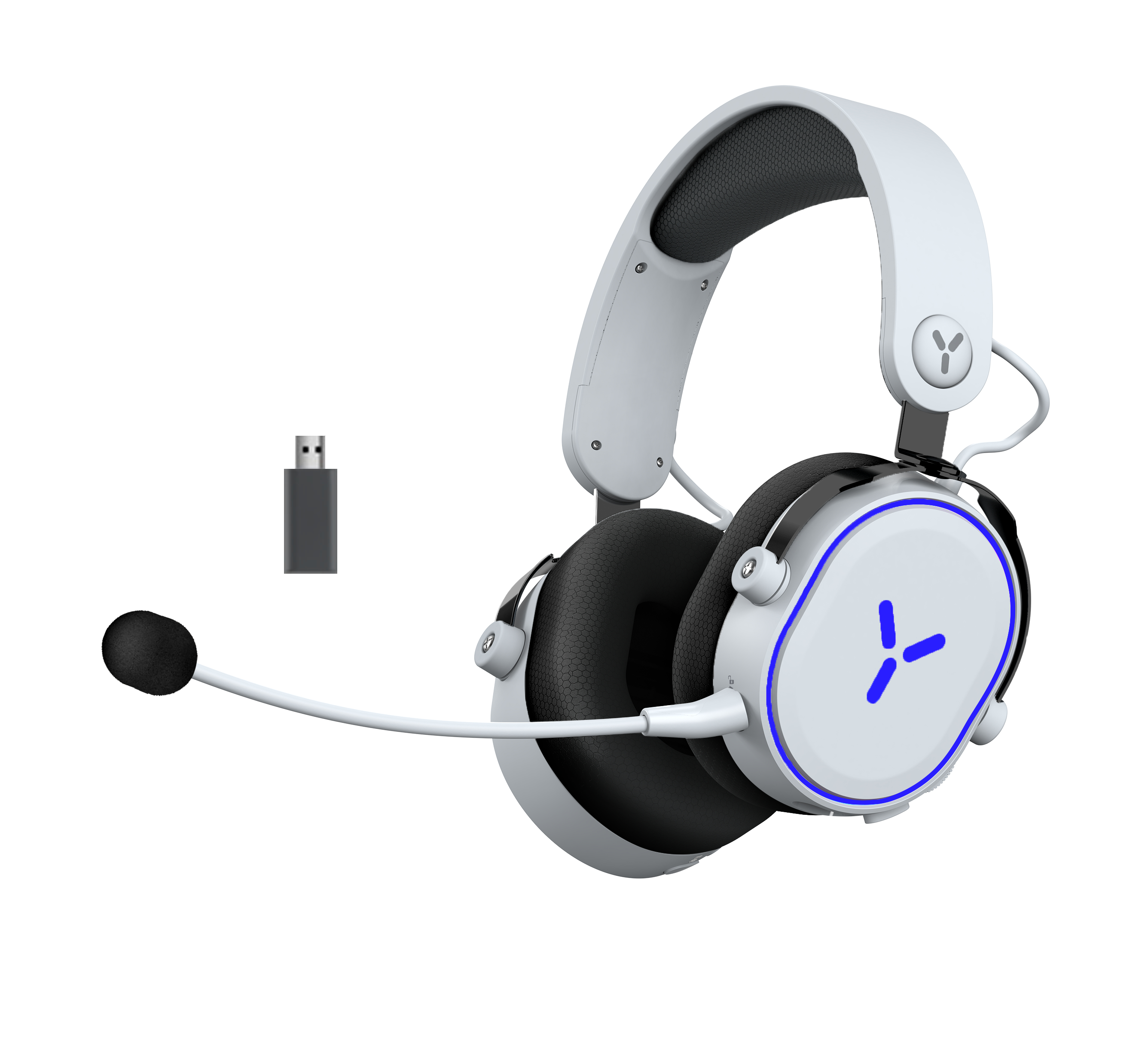 Weißes und schwarzes Headset mit Mikrofon und USB-Empfänger.