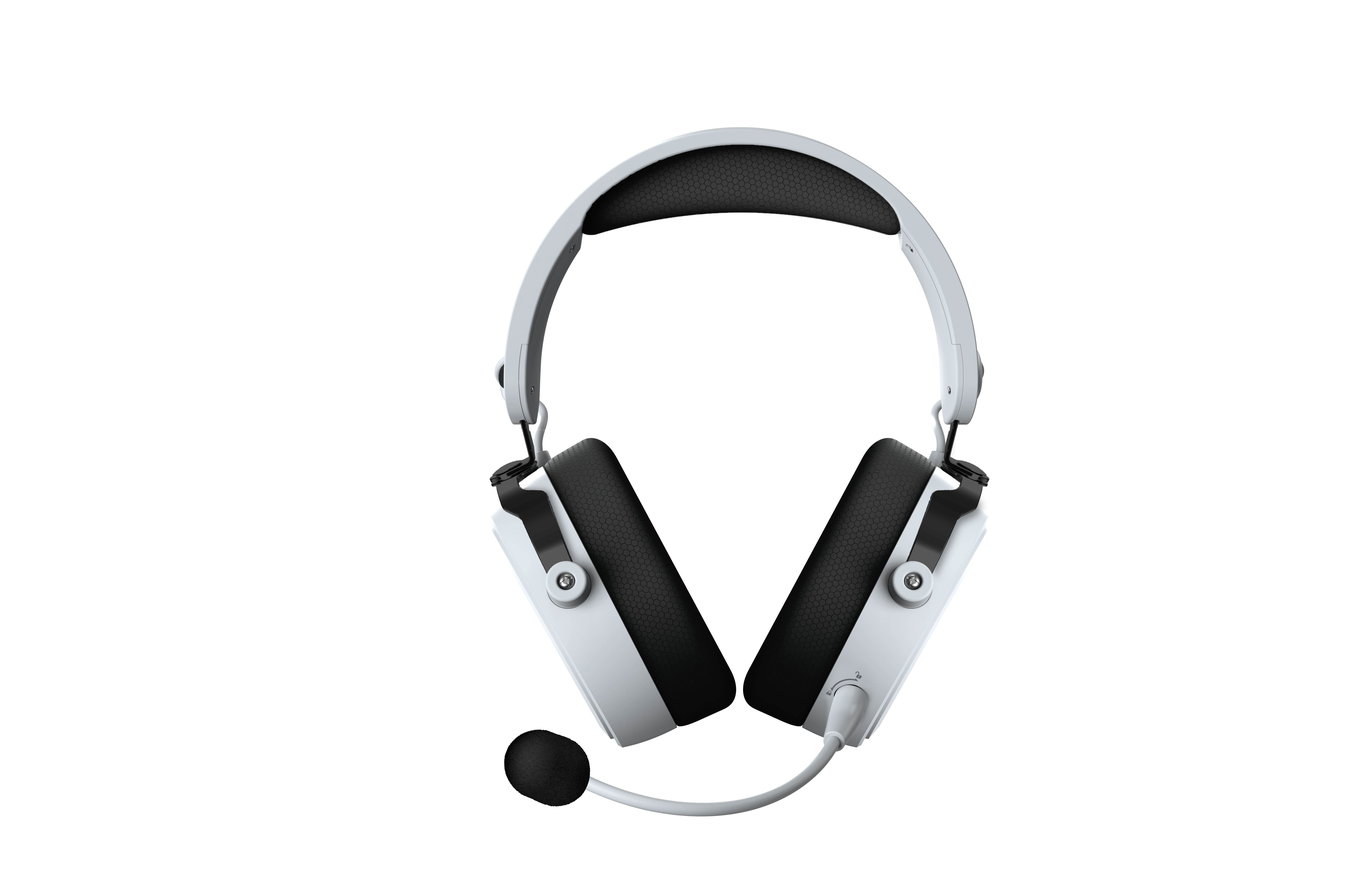 Weißes Gaming-Headset mit schwarzen Ohrpolstern und Mikrofon, isoliert auf weißem Hintergrund.