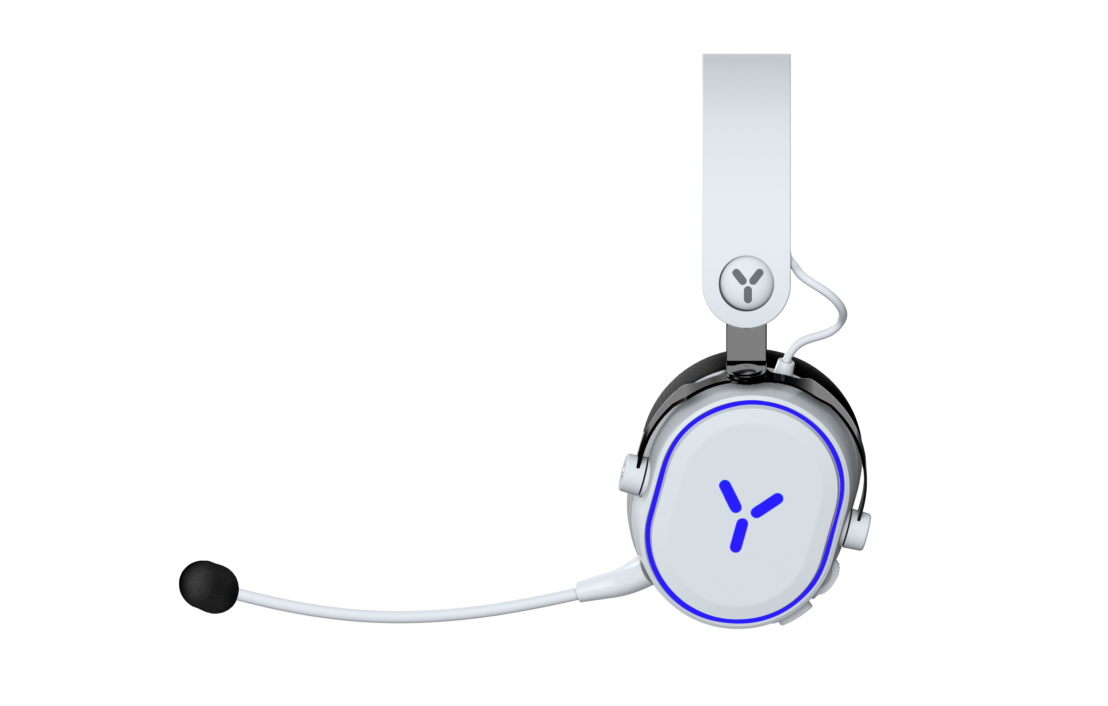 Weißes und schwarzes Headset mit Mikrofon. Die Ohrmuscheln haben einen blauen Akzent.