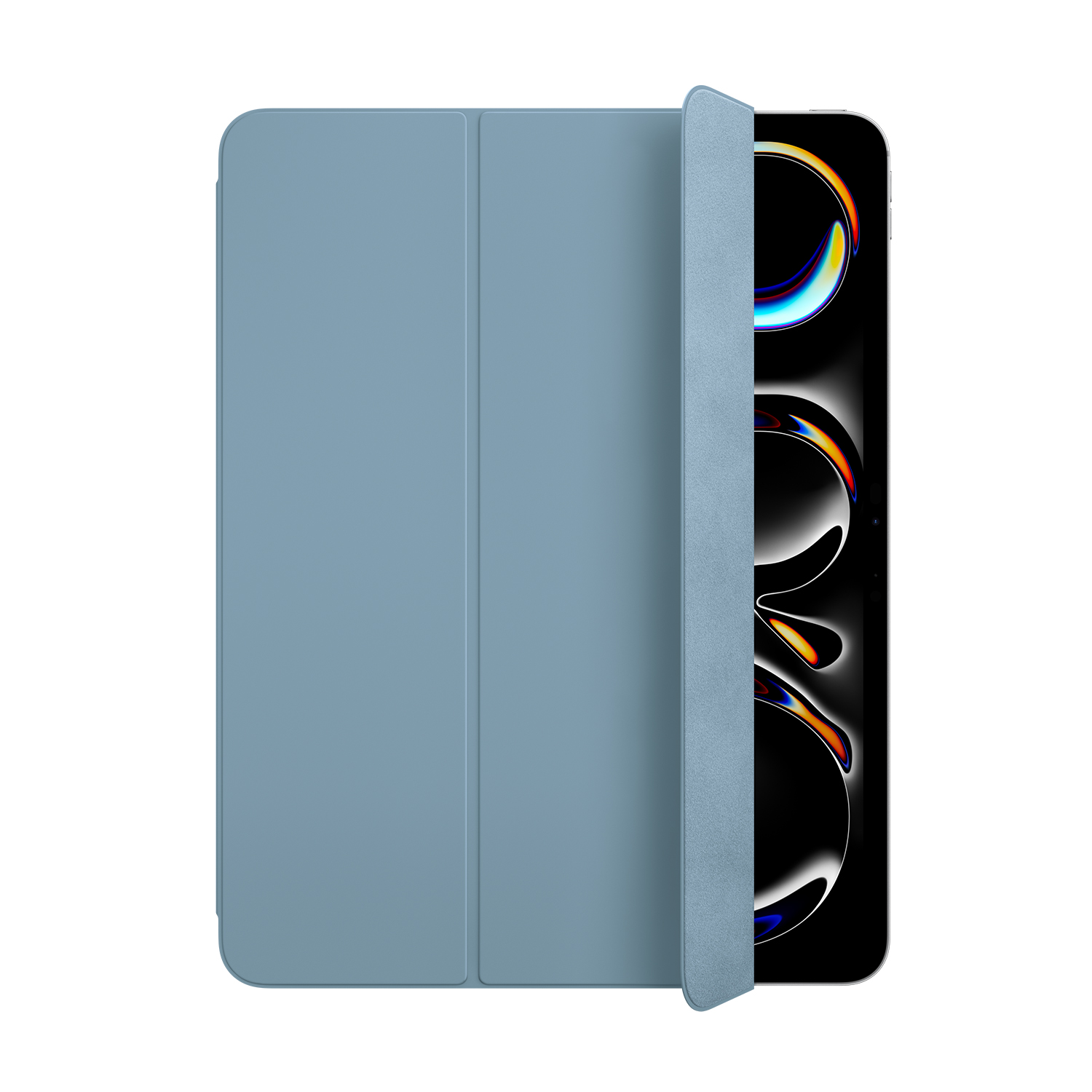 Custodia tablet blu chiaro, parzialmente aperta, mostra schermo con design colorato.