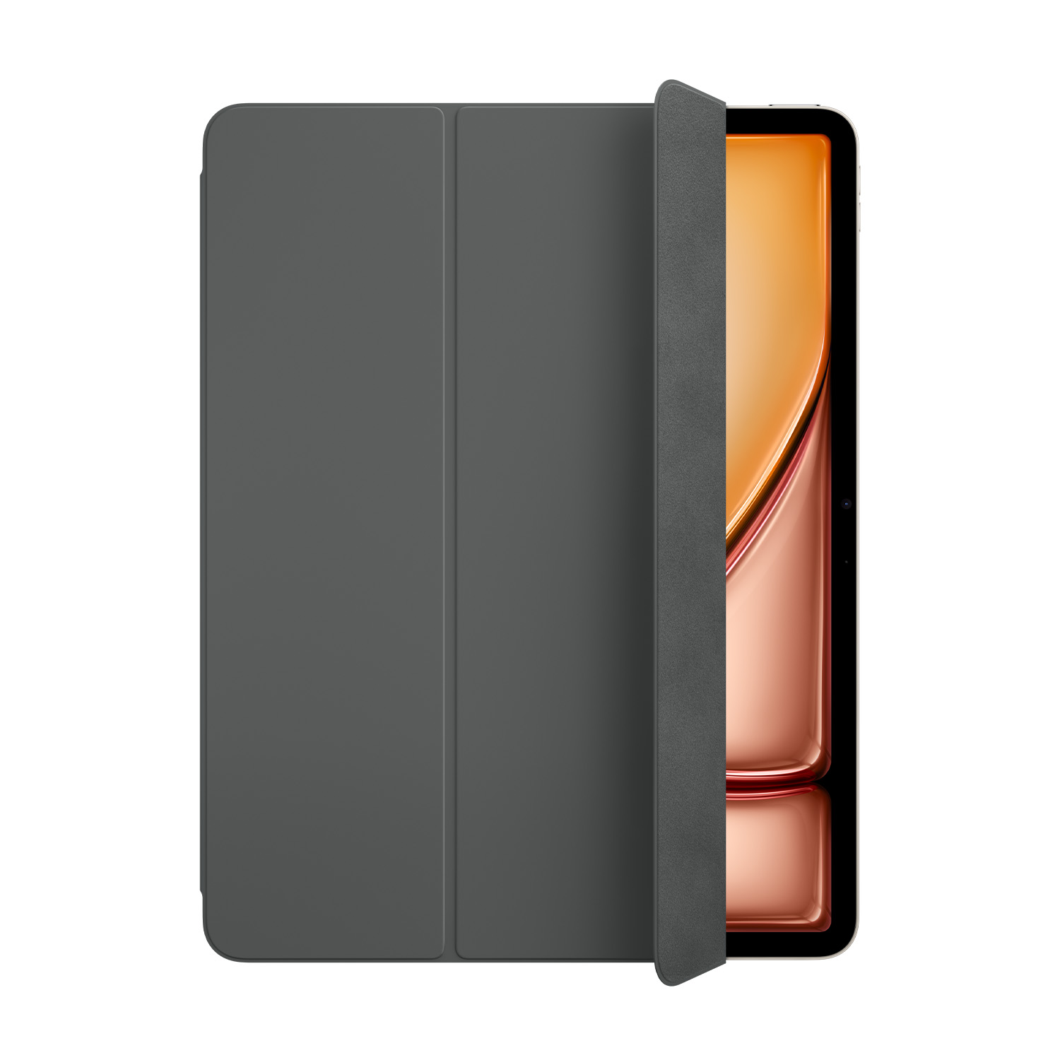 Custodia tablet grigio scuro, parzialmente aperta, mostra schermo con design arancione.
