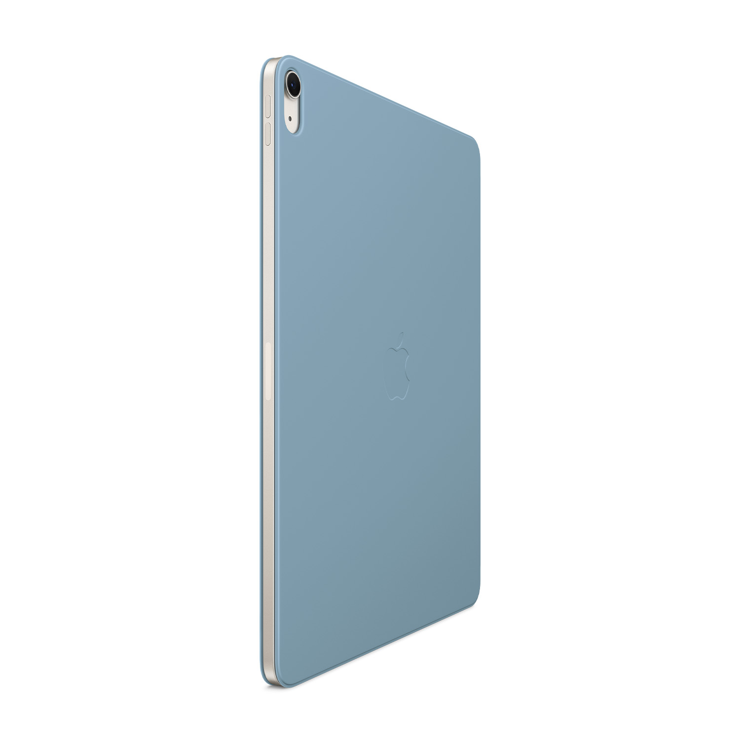Tablet blu chiaro in custodia, logo Apple visibile, su sfondo bianco, angolato.