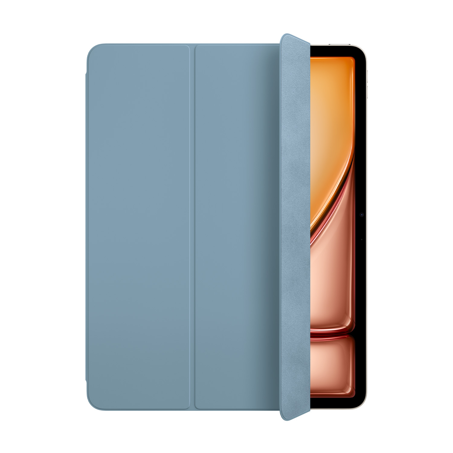 Custodia tablet blu chiaro, parzialmente aperta, mostra schermo con design arancione.