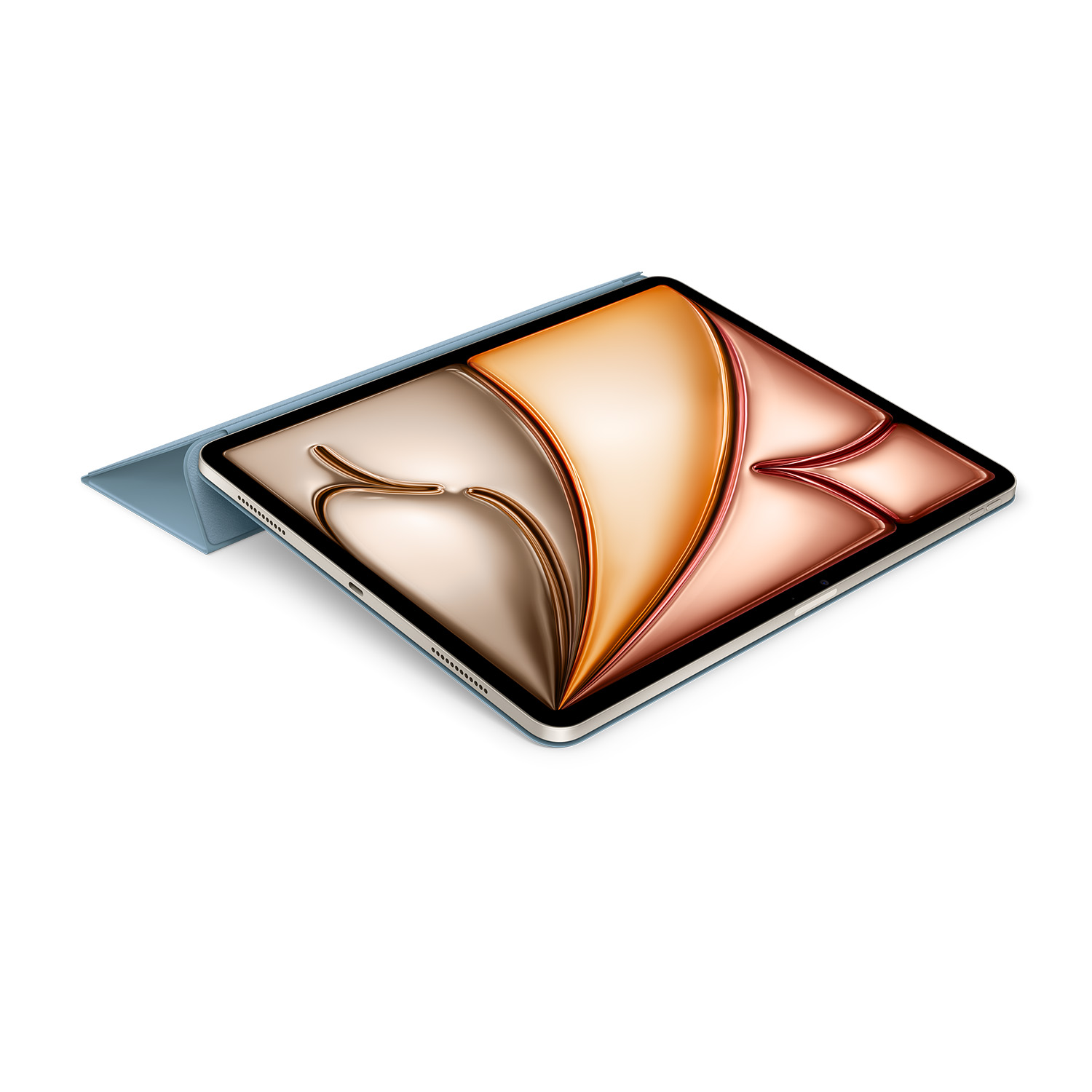 Tablet in custodia blu, appoggiato, mostra schermo con design oro e beige.