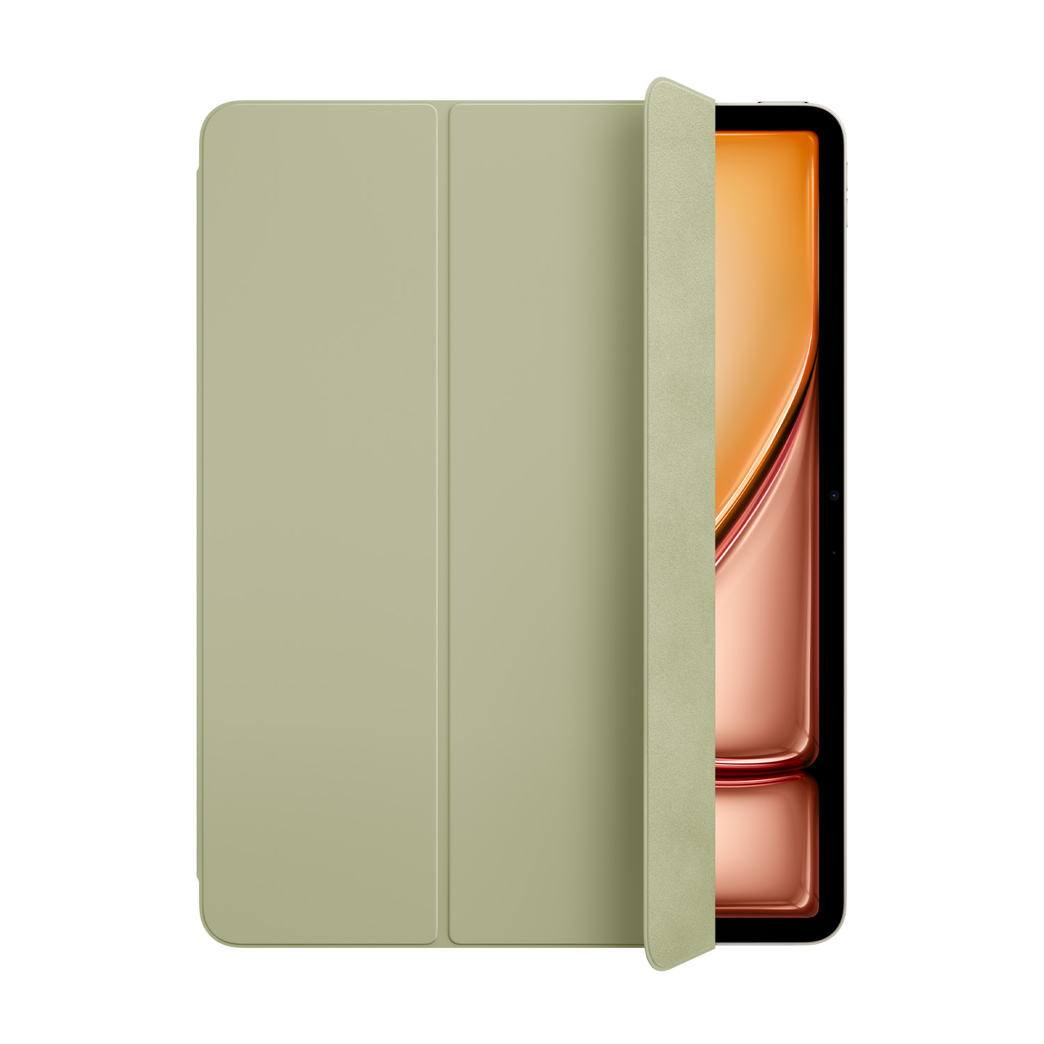 Custodia tablet verde oliva, parzialmente aperta, mostra schermo con design arancione.