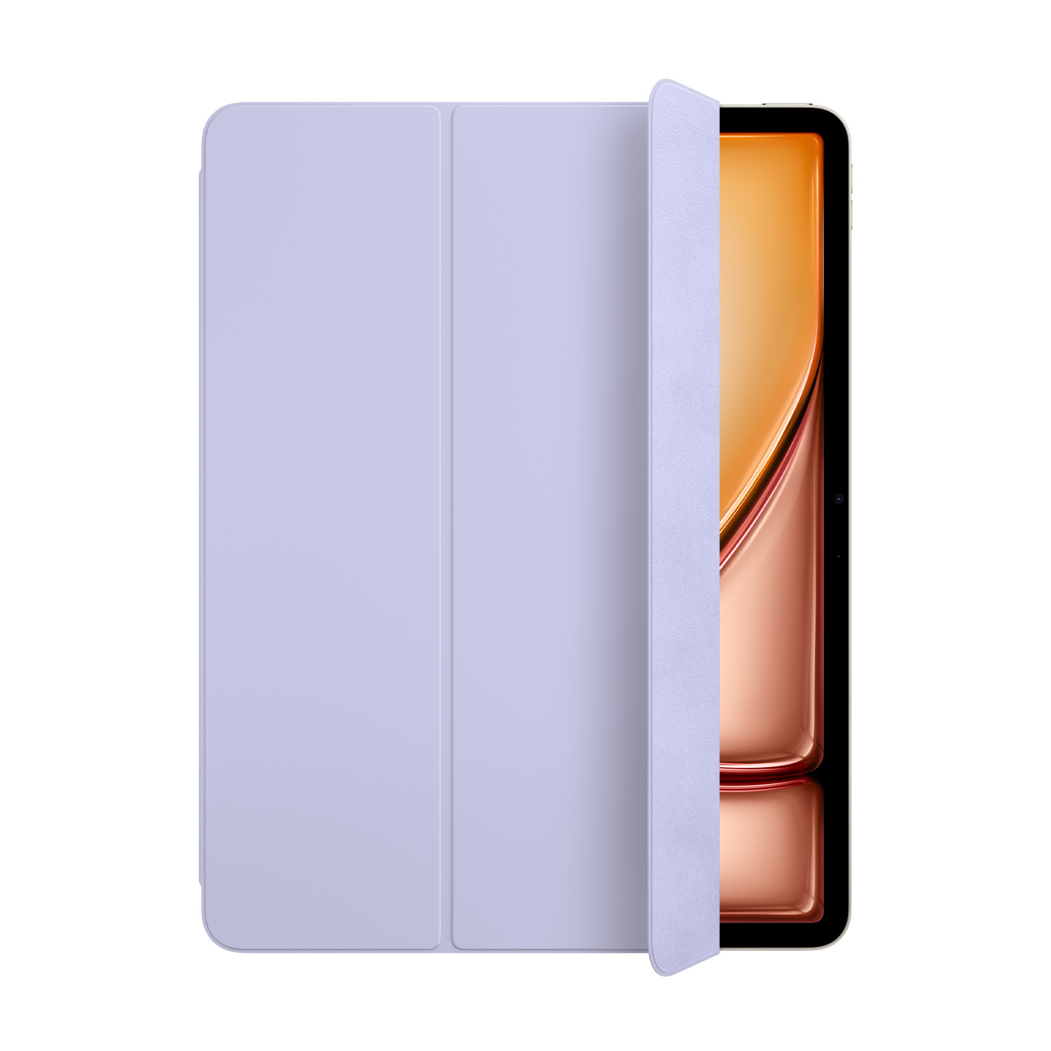 Custodia tablet lilla chiaro, parzialmente aperta, mostra schermo con design arancione.