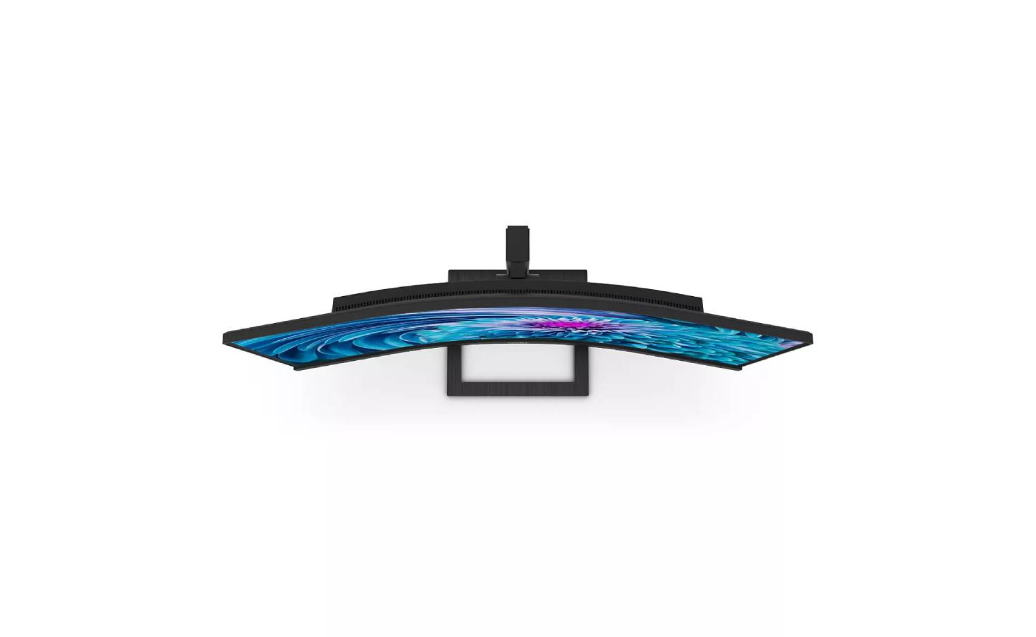 Un monitor de computadora curvo con un diseño floral azul y turquesa en la pantalla, fondo blanco.