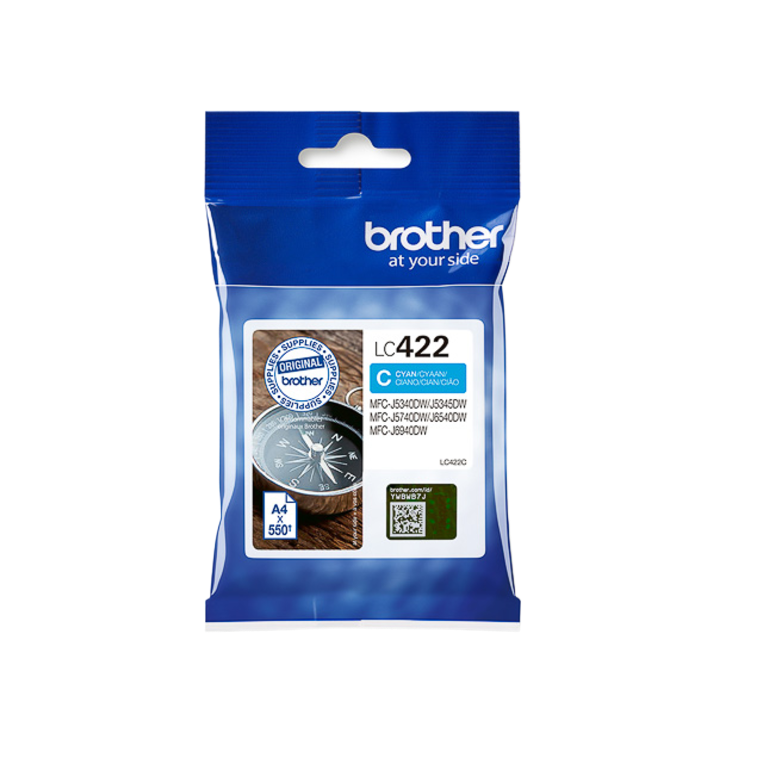 Paquet de cartouches d'encre Brother LC422, bleu et blanc, avec une image de boussole.