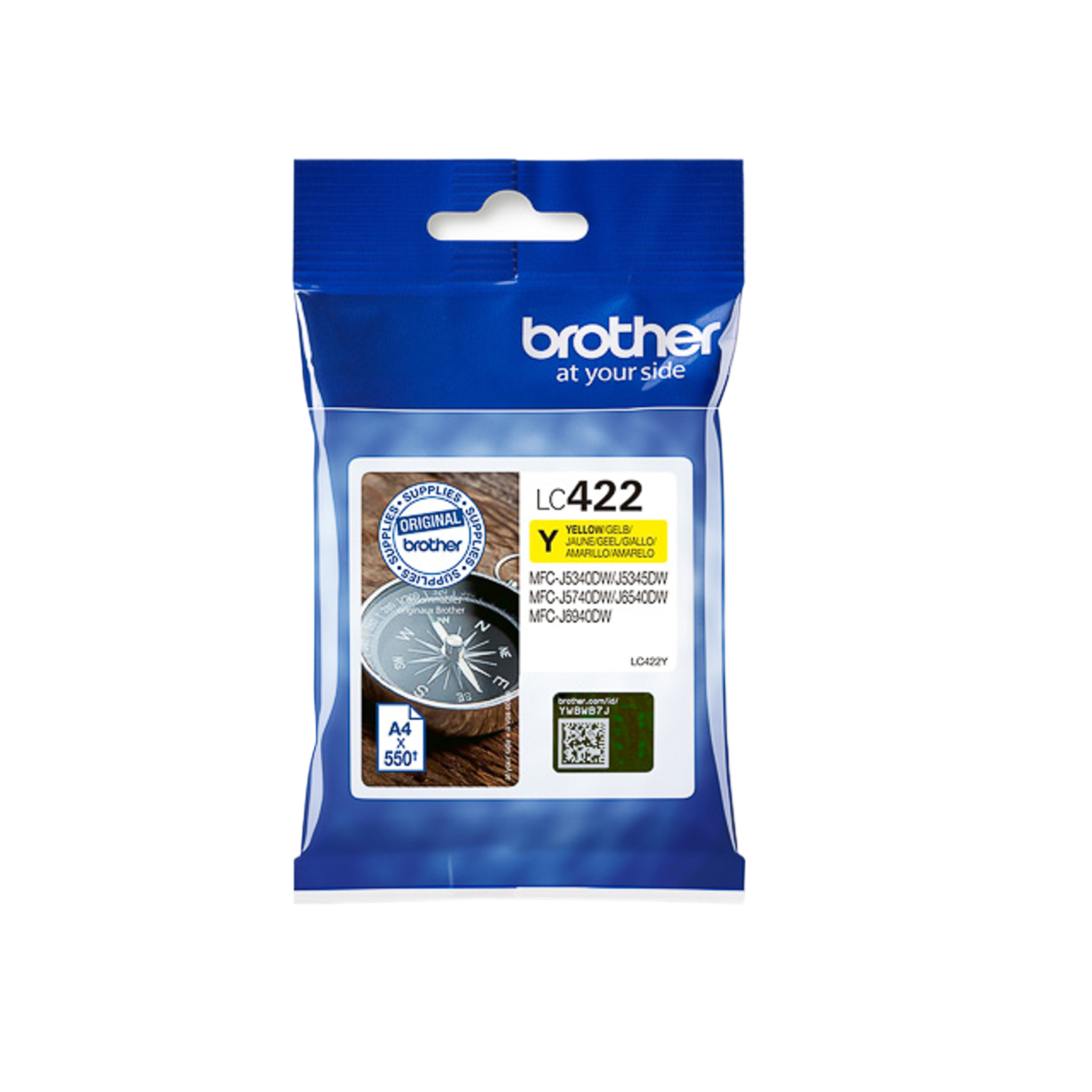 Cartouche d'encre jaune Brother LC422Y. L'emballage est bleu, avec une boussole et du texte.
