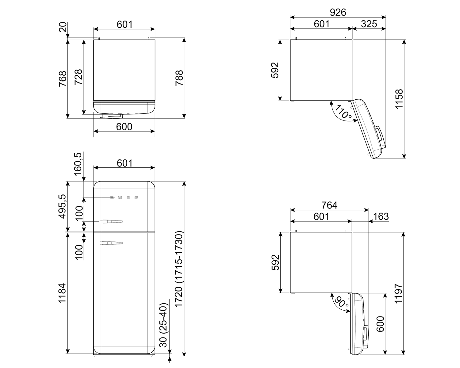 Cuatro diagramas muestran las medidas de un frigorífico Smeg, con etiquetas en blanco y negro.