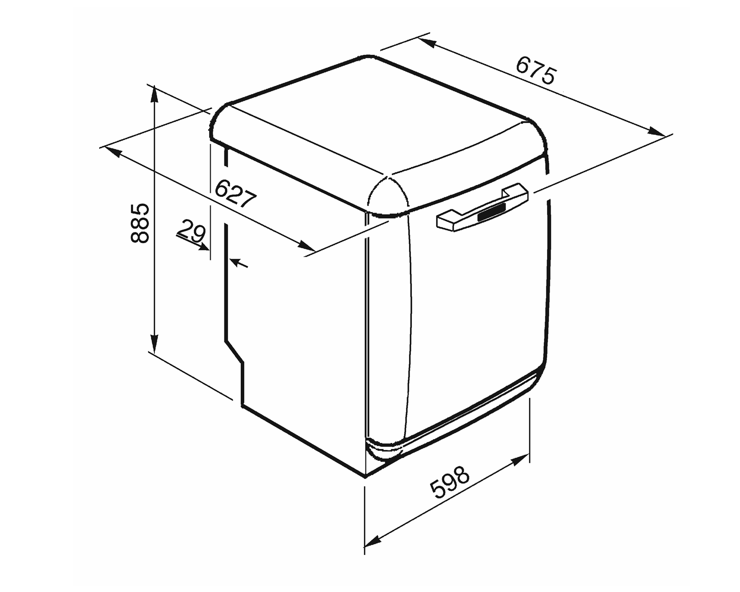Vista isométrica de un refrigerador con líneas de medición.
