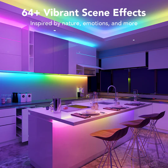 Cocina moderna con iluminación LED colorida, isla y taburetes. Texto: '64+ Vibrant Scene Effects'.