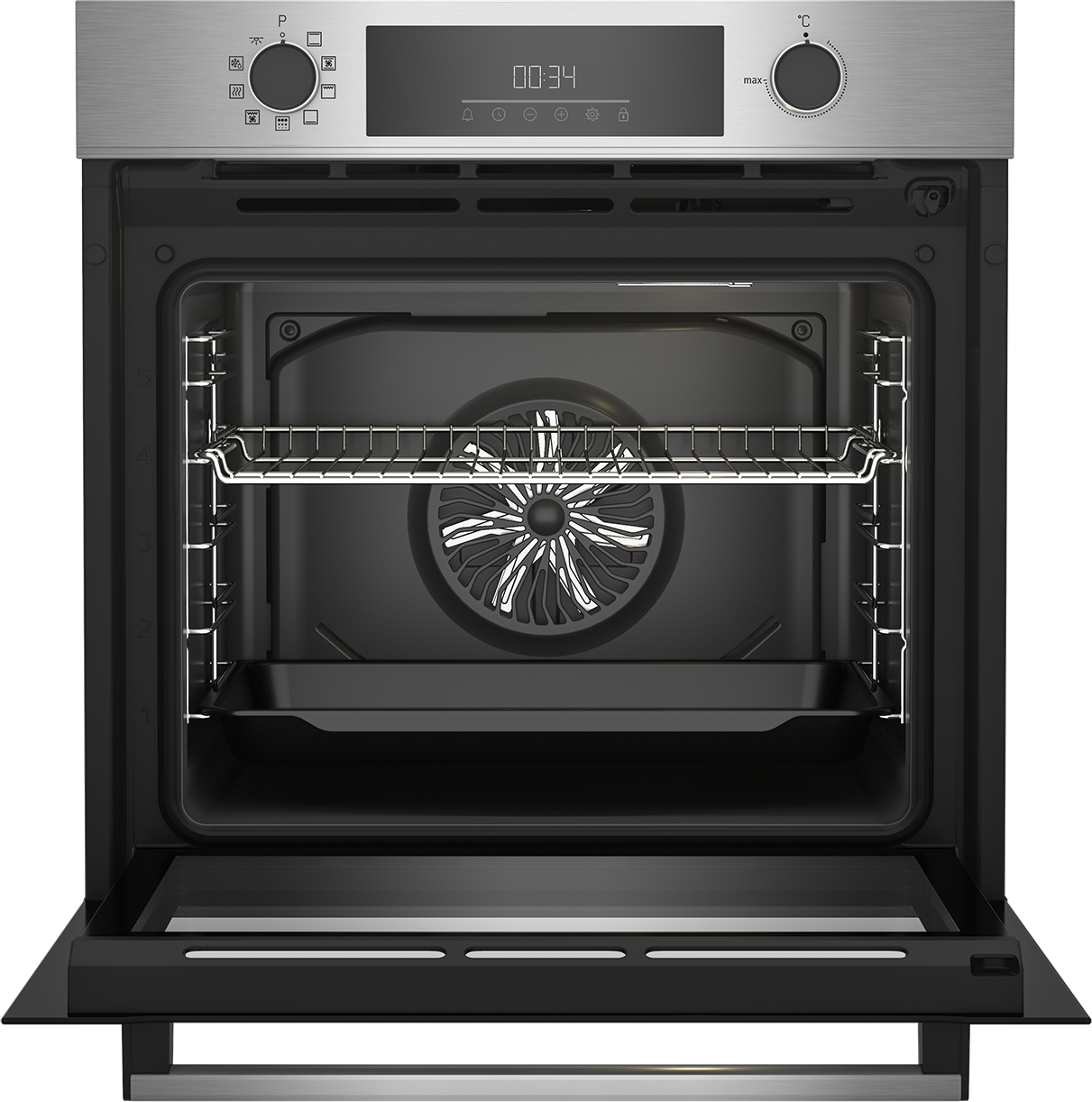 Interior de horno abierto con ventilador y rejillas, interior negro con detalles metálicos, sobre fondo negro.