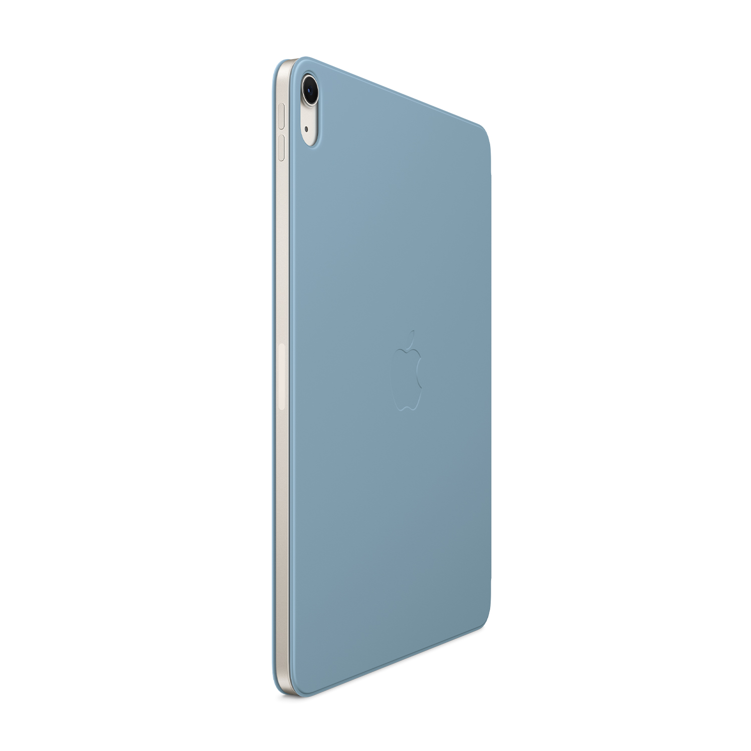 Tablet blu con logo Apple sul retro, leggermente angolato, che mostra una fotocamera.