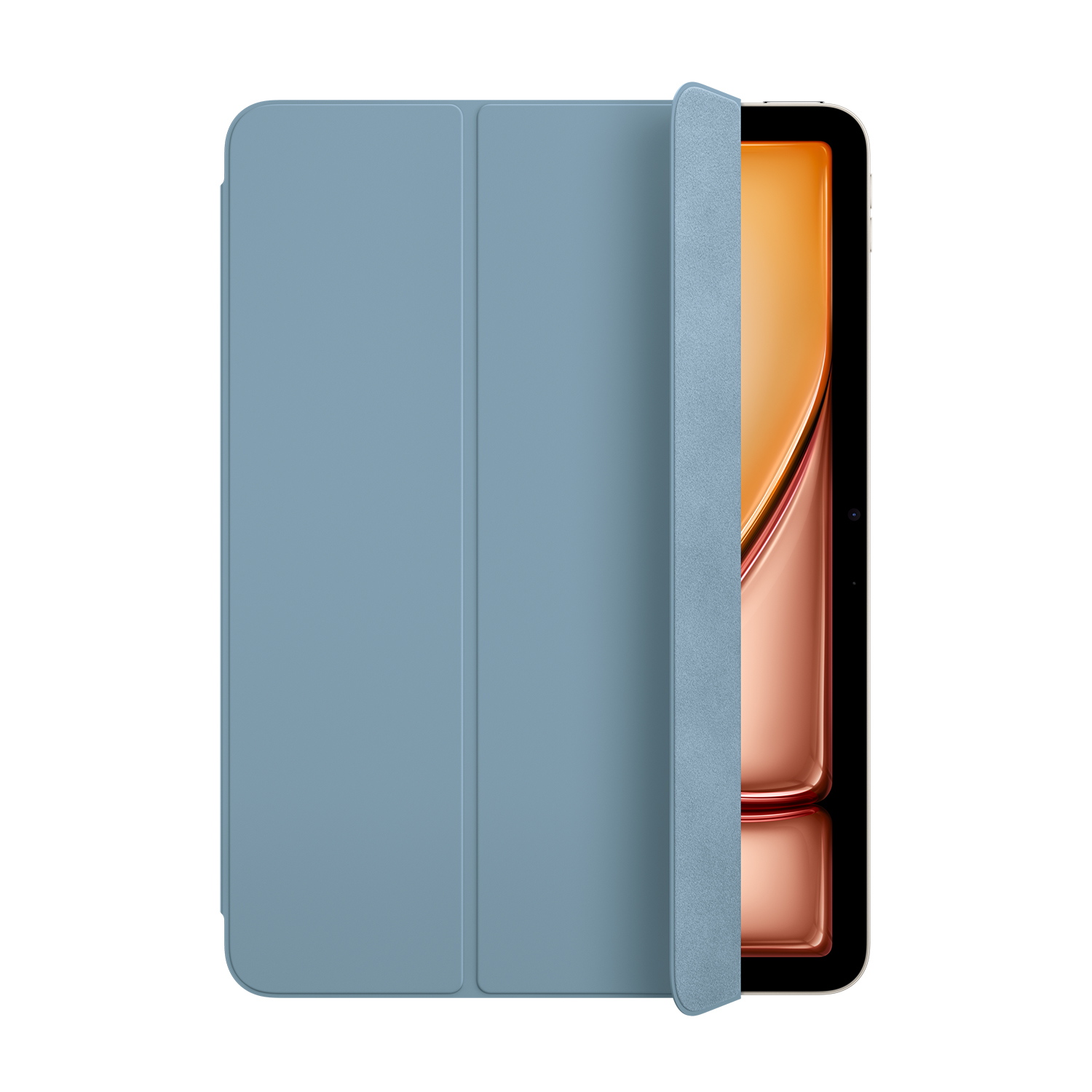 Custodia per tablet blu, parzialmente aperta, che rivela lo schermo con display arancione e oro.