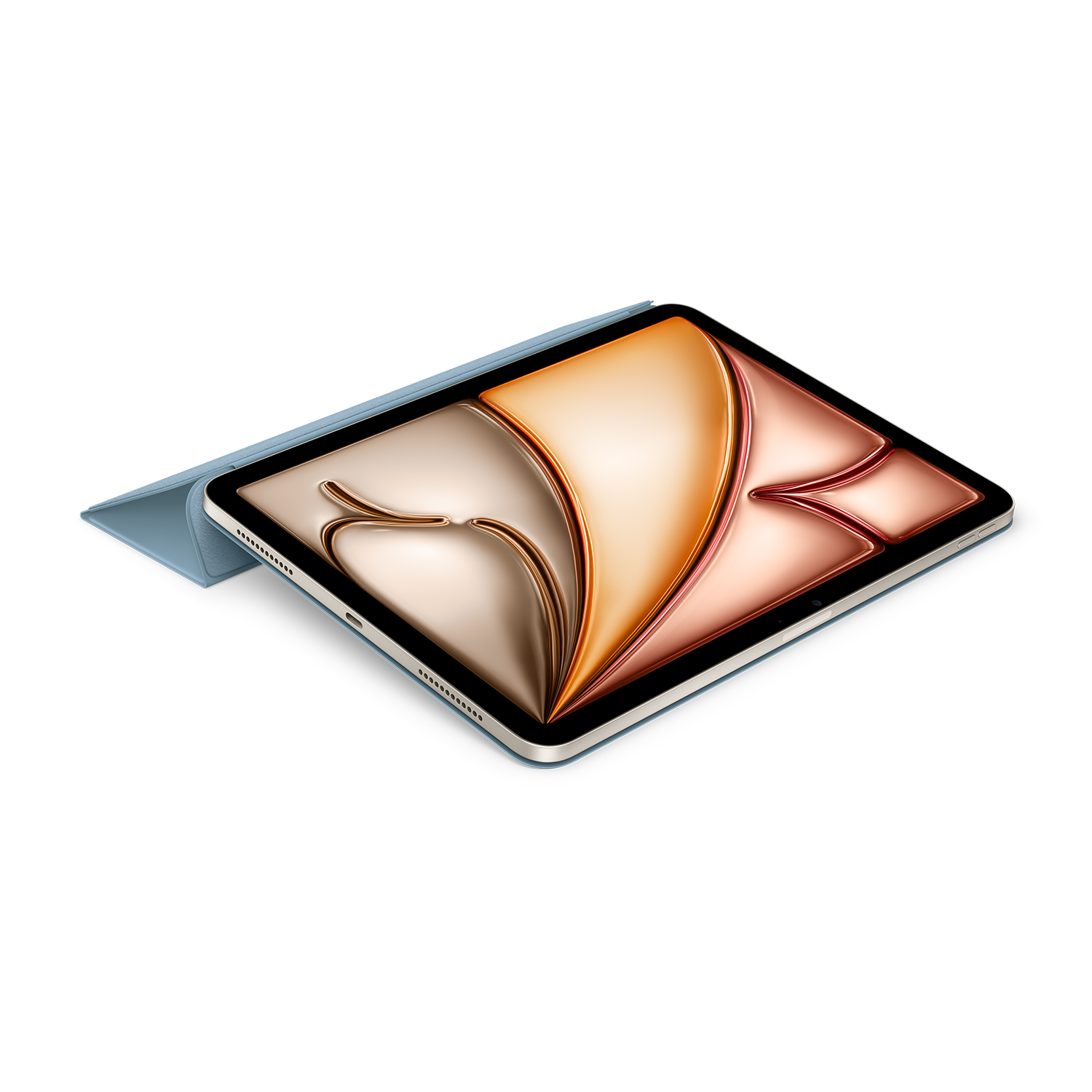 Tablet su custodia blu, aperto, angolato, che rivela lo schermo con display arancione e oro.