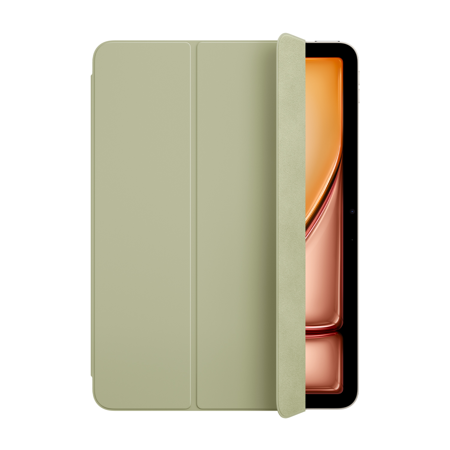 Custodia per tablet verde oliva, parzialmente aperta, che rivela lo schermo.