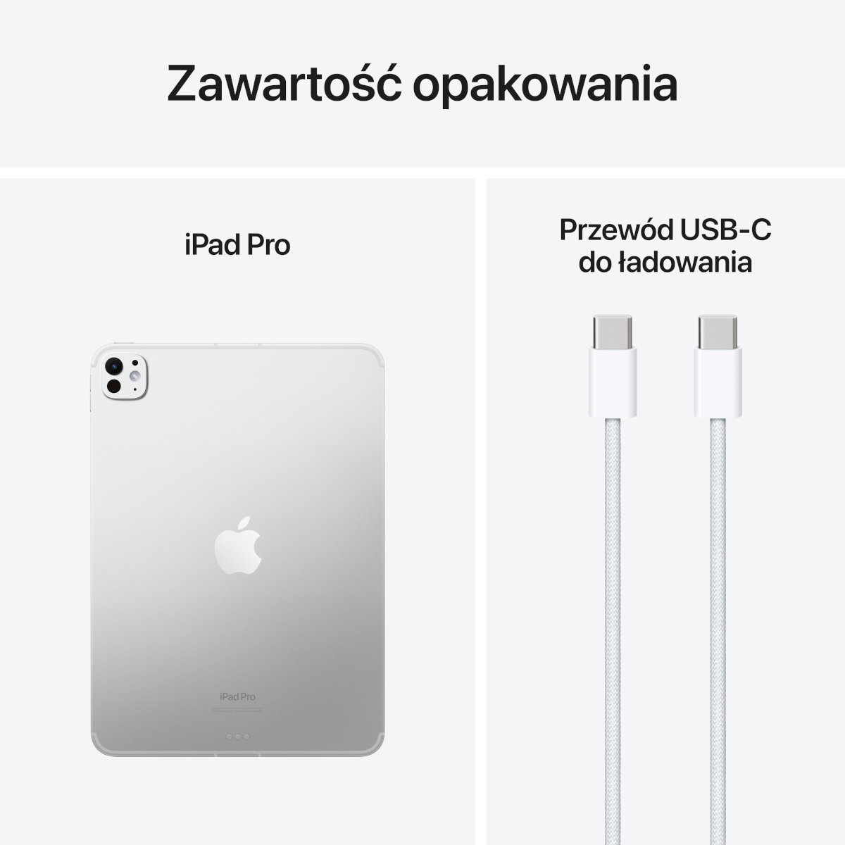 Biały iPad Pro, biały kabel USB-C. Tekst: Zawartość opakowania (Zawartość opakowania).