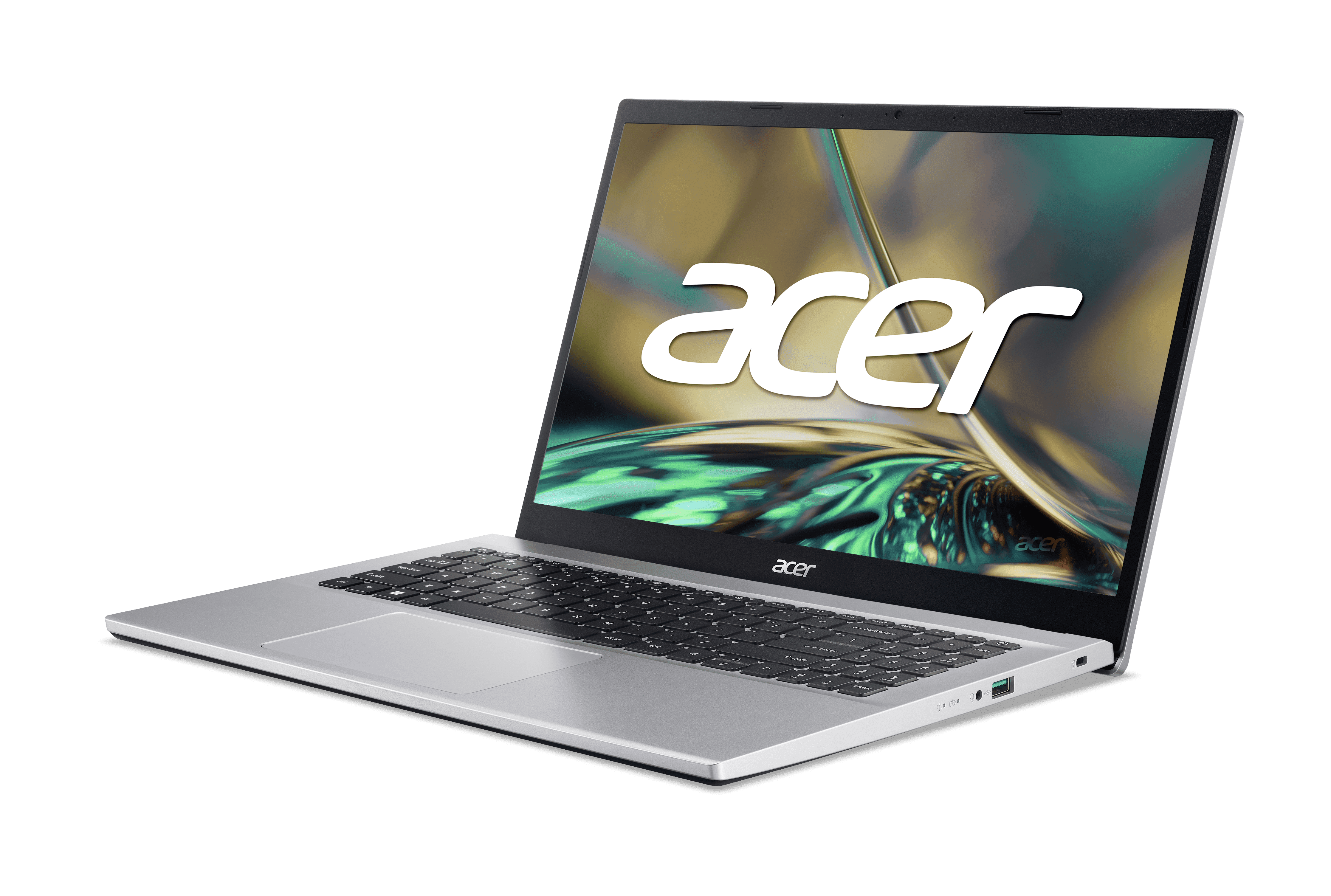 Se muestra una computadora portátil abierta con el logotipo de Acer. La pantalla muestra un fondo brillante.