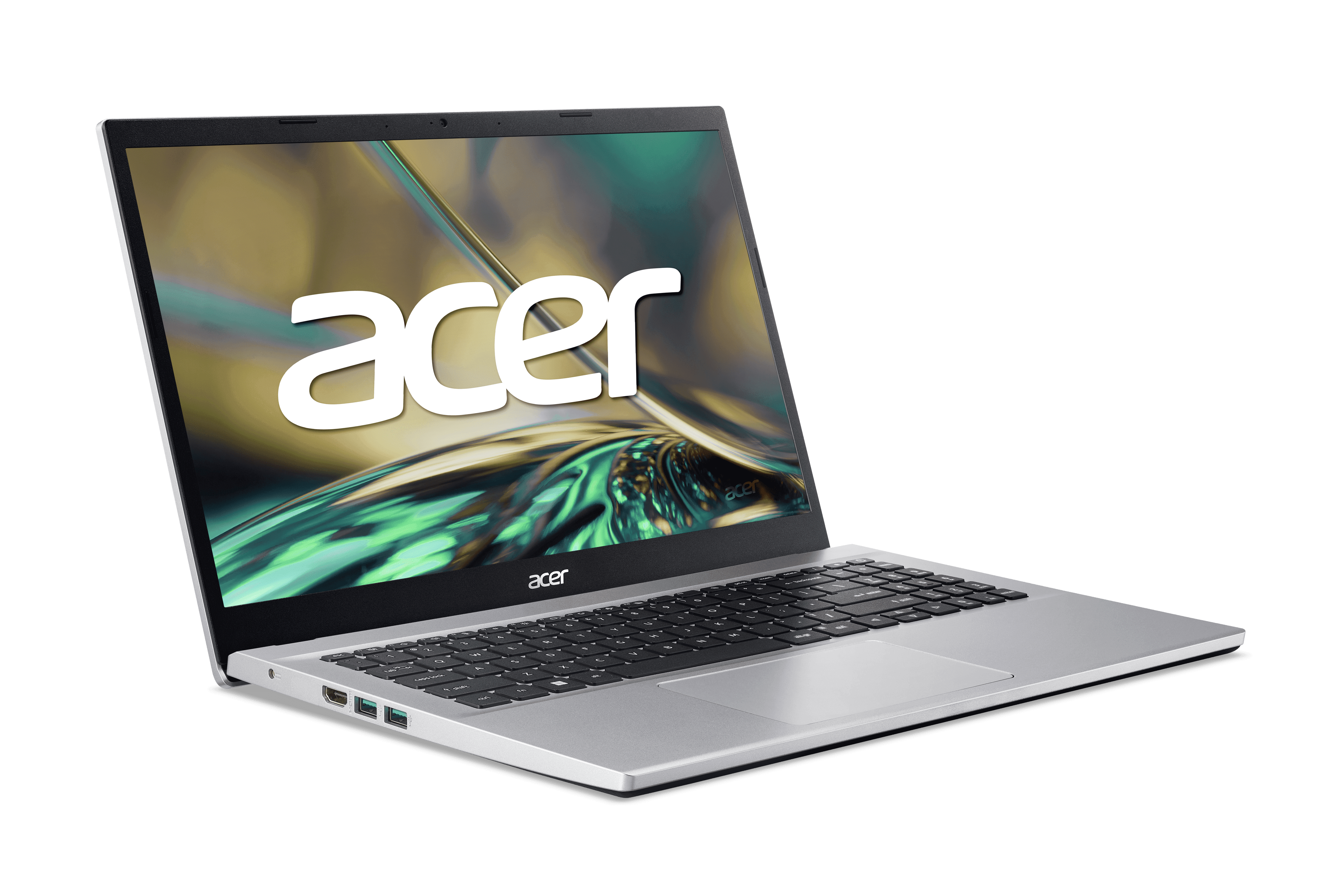 Una laptop plateada con el logo de Acer en la pantalla, abierta sobre un fondo negro.