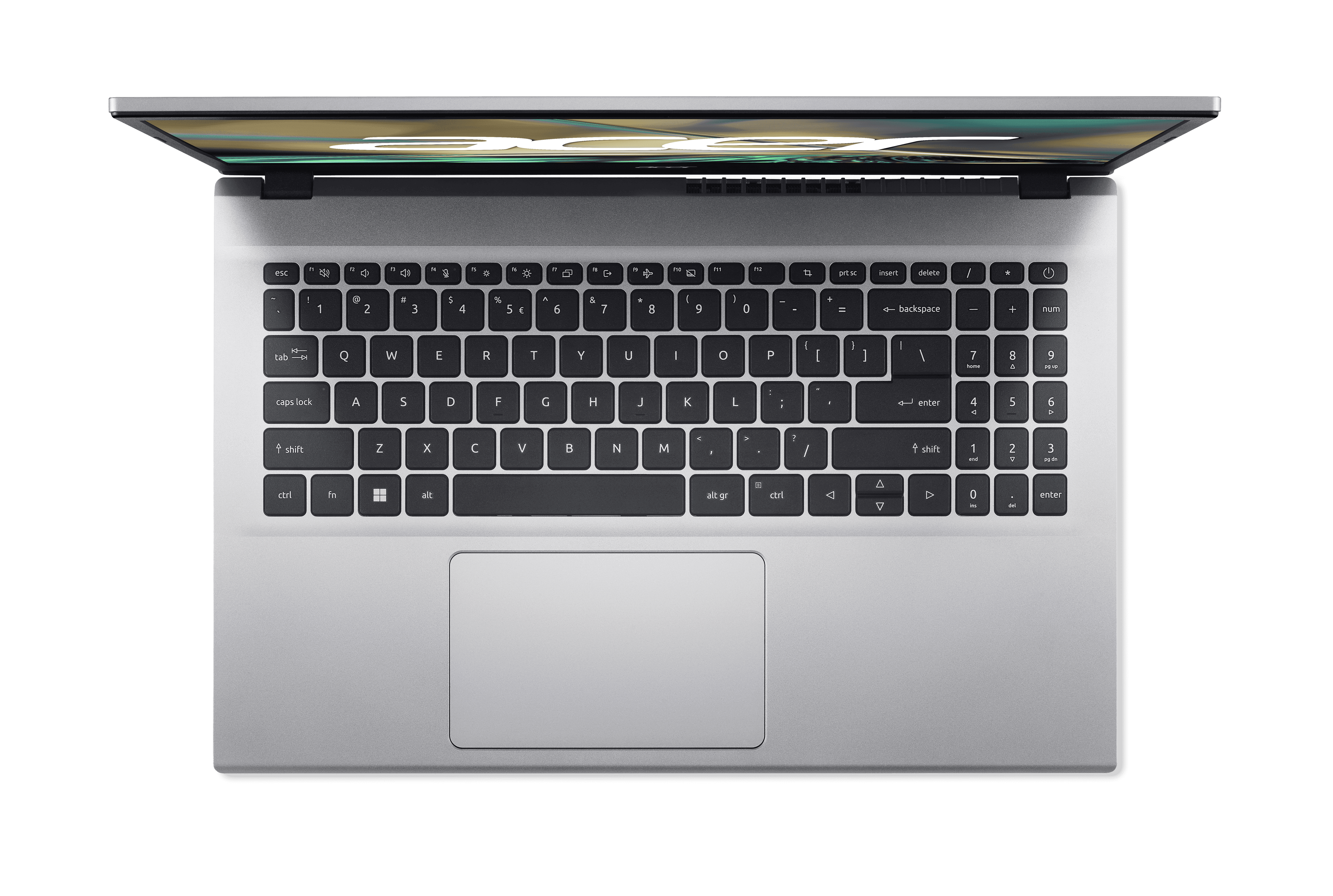 Vista cenital de una laptop. La pantalla está abierta, mostrando una imagen verde y blanca.