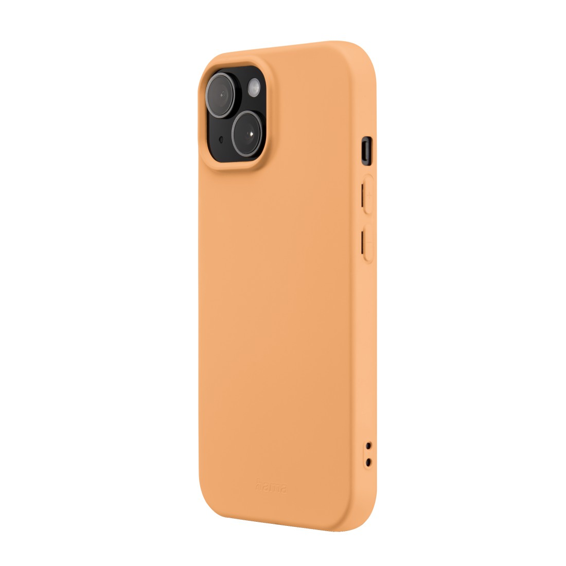 Orangene Handyhülle. Doppelte Kameraaussparung. Seitentasten und Anschlüsse unten sichtbar. Schlichtes Design.