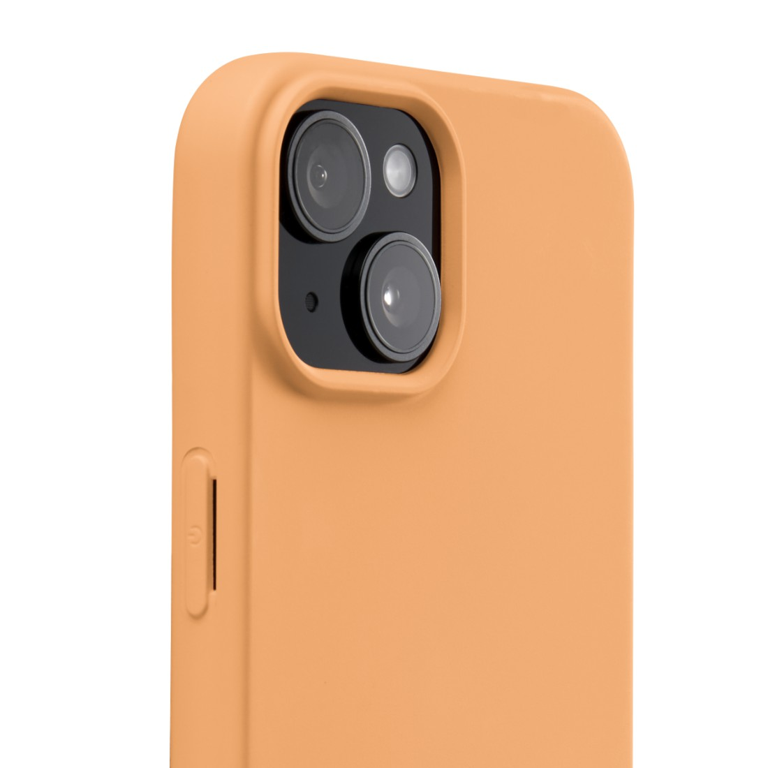 Nahaufnahme des Kameramoduls eines Telefons in einer orangefarbenen Telefonhülle.