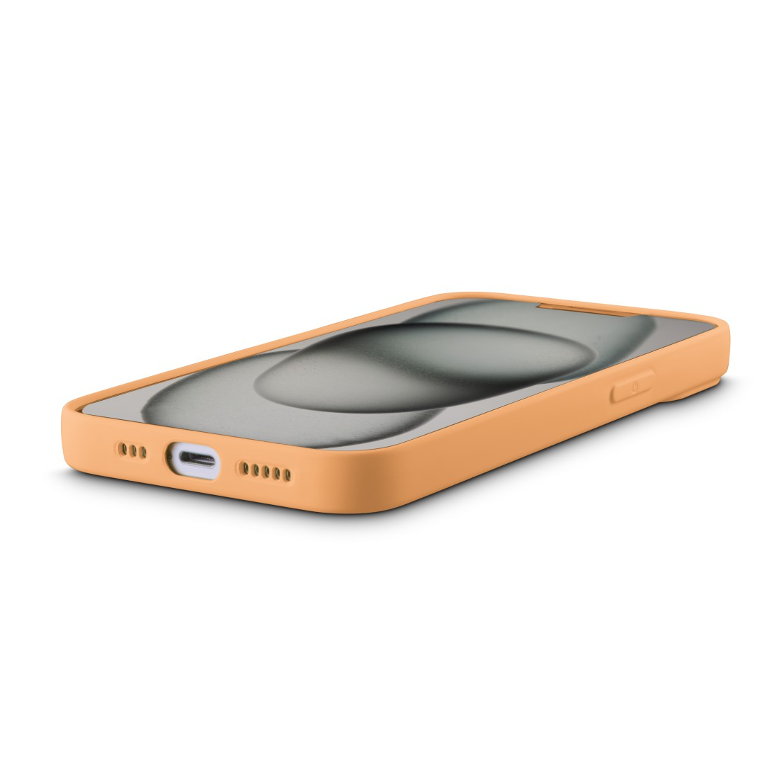 Eine orangefarbene iPhone-Hülle mit verschwommenem Hintergrund auf dem Bildschirm.