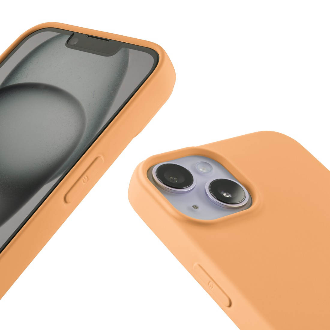Nahaufnahme einer orangefarbenen iPhone-Hülle mit Telefon. Die Kameralinsen sind sichtbar.