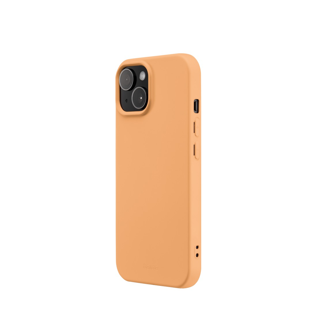 Eine orangefarbene Handyhülle mit Kamera und Knöpfen, auf weißem Hintergrund. Seitenansicht.