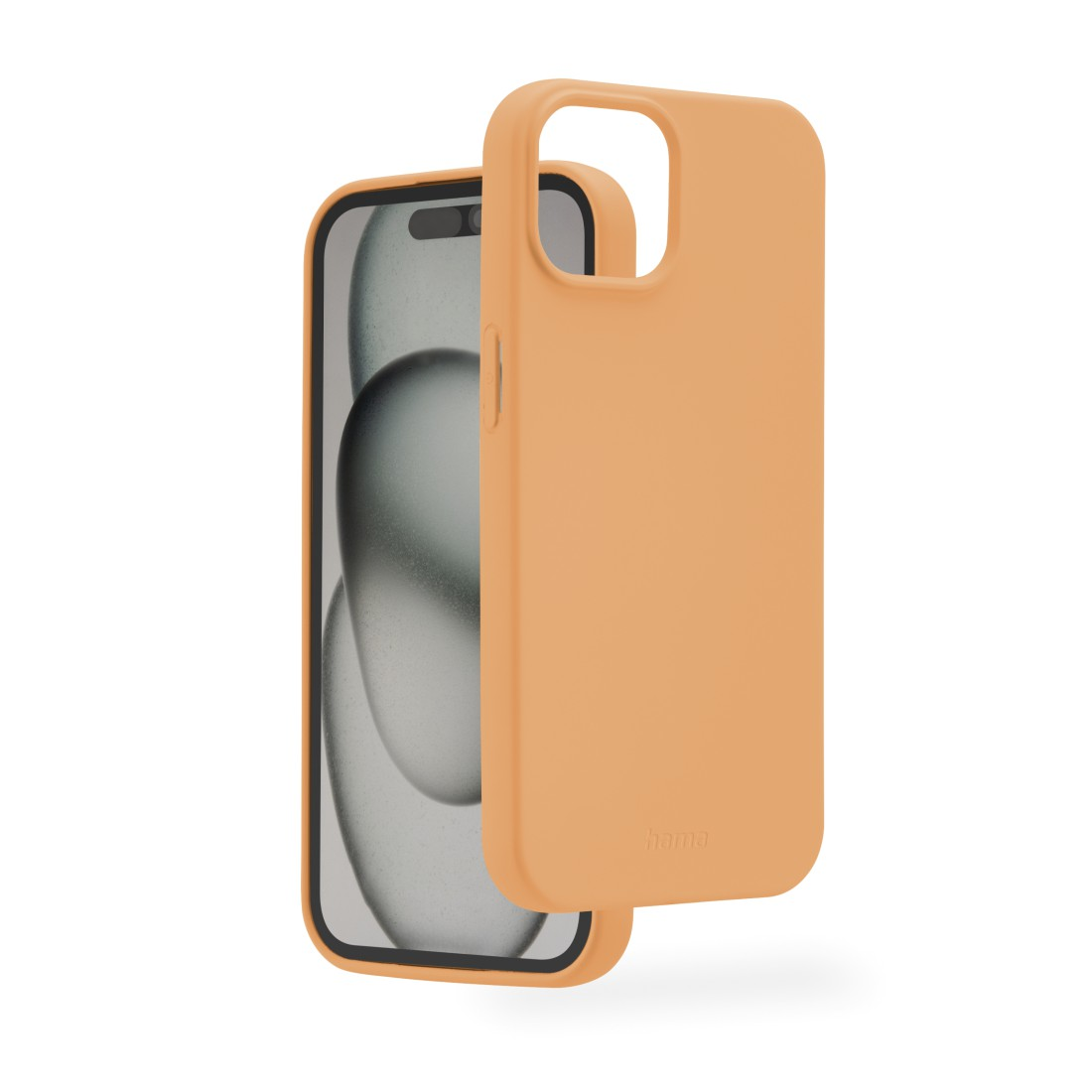 Orangefarbene Handyhülle mit schwarzem Rand, neben einem Telefon.