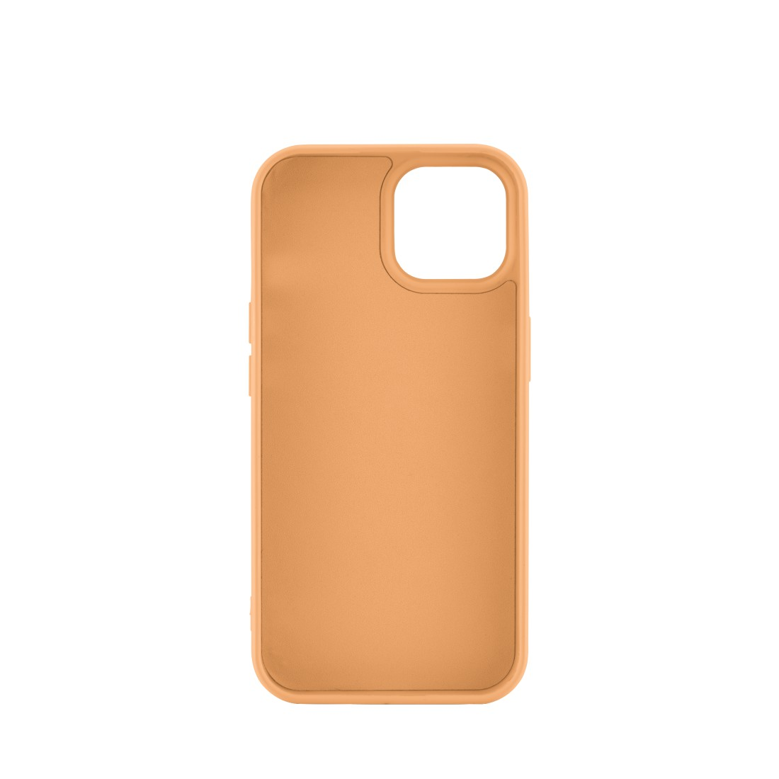 Eine orangefarbene iPhone-Hülle, von hinten betrachtet, zeigt den Kameraausschnitt und die Seitentasten.