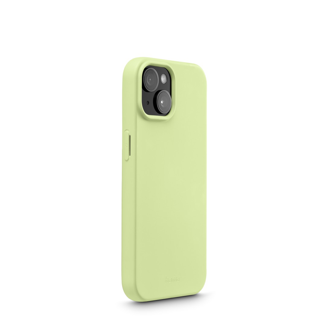 Hellgrüne Handyhülle. Es ist eine einfarbige Hülle mit Kameraausschnitten. Für ein Telefon.