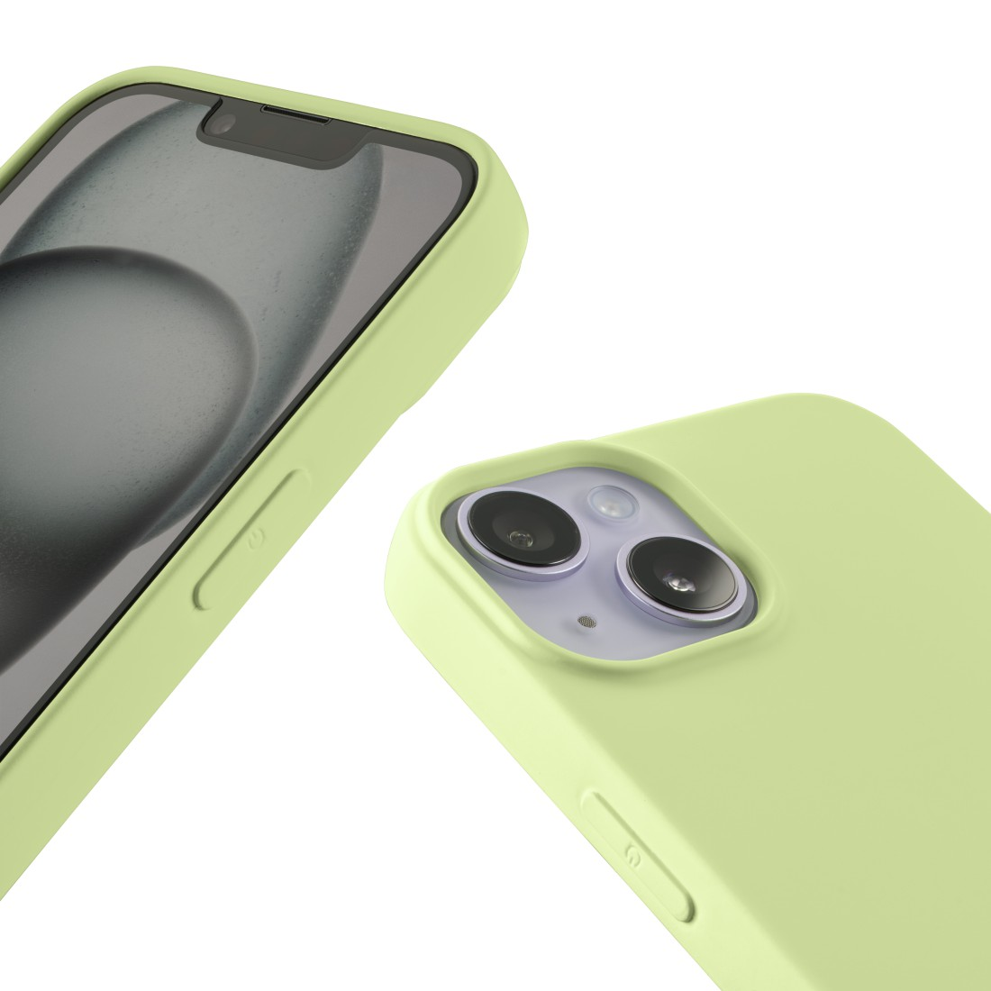 Nahaufnahme einer grünen Handyhülle um ein Handy mit schwarzem Bildschirm.