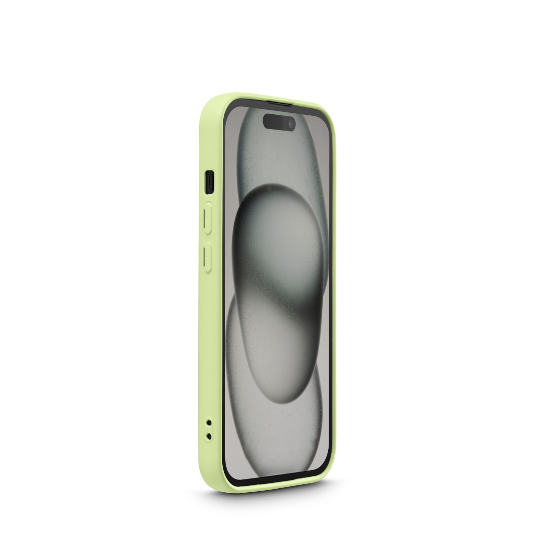 Ein iPhone in einem hellgrünen Gehäuse auf weißem Hintergrund. Der Bildschirm des Telefons zeigt ein verschwommenes Bild.