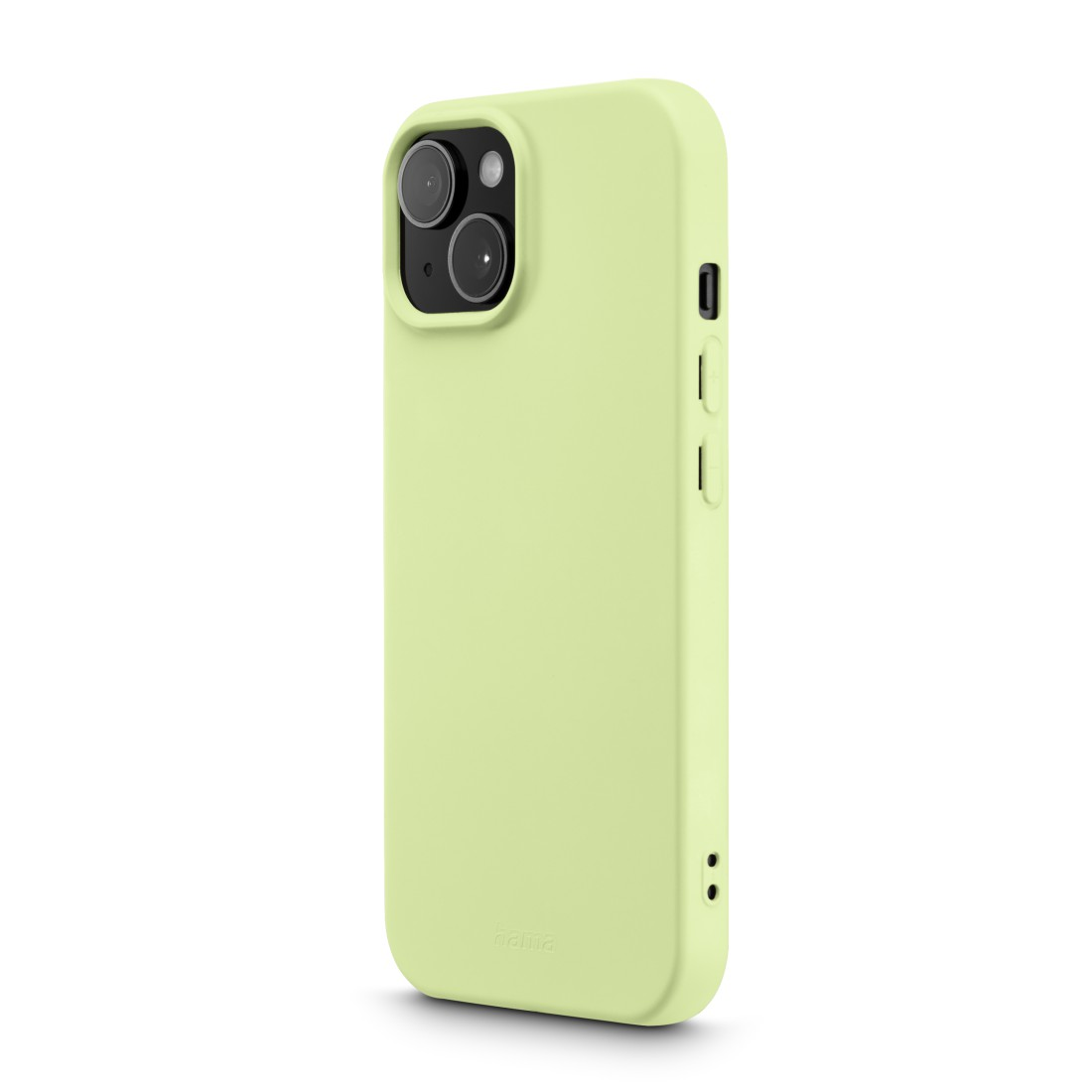 Eine hellgrüne Handyhülle mit Kameraausschnitt. Das Telefon befindet sich auf weißem Hintergrund.