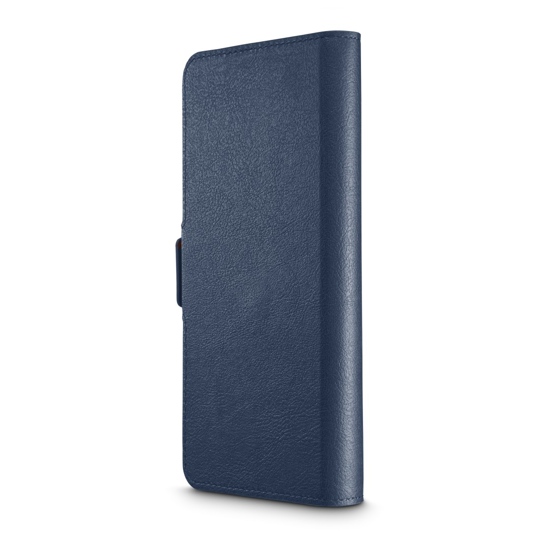 Geschlossene blaue Telefontasche, strukturiert, mit Magnetverschluss an der Seite.