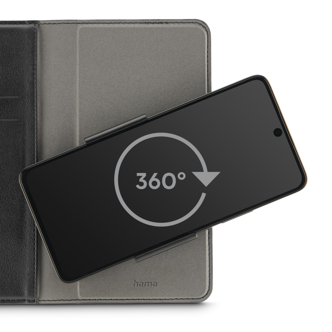 Tablet in Hülle, Bildschirm zeigt rotierenden Pfeil, Text: 360°.